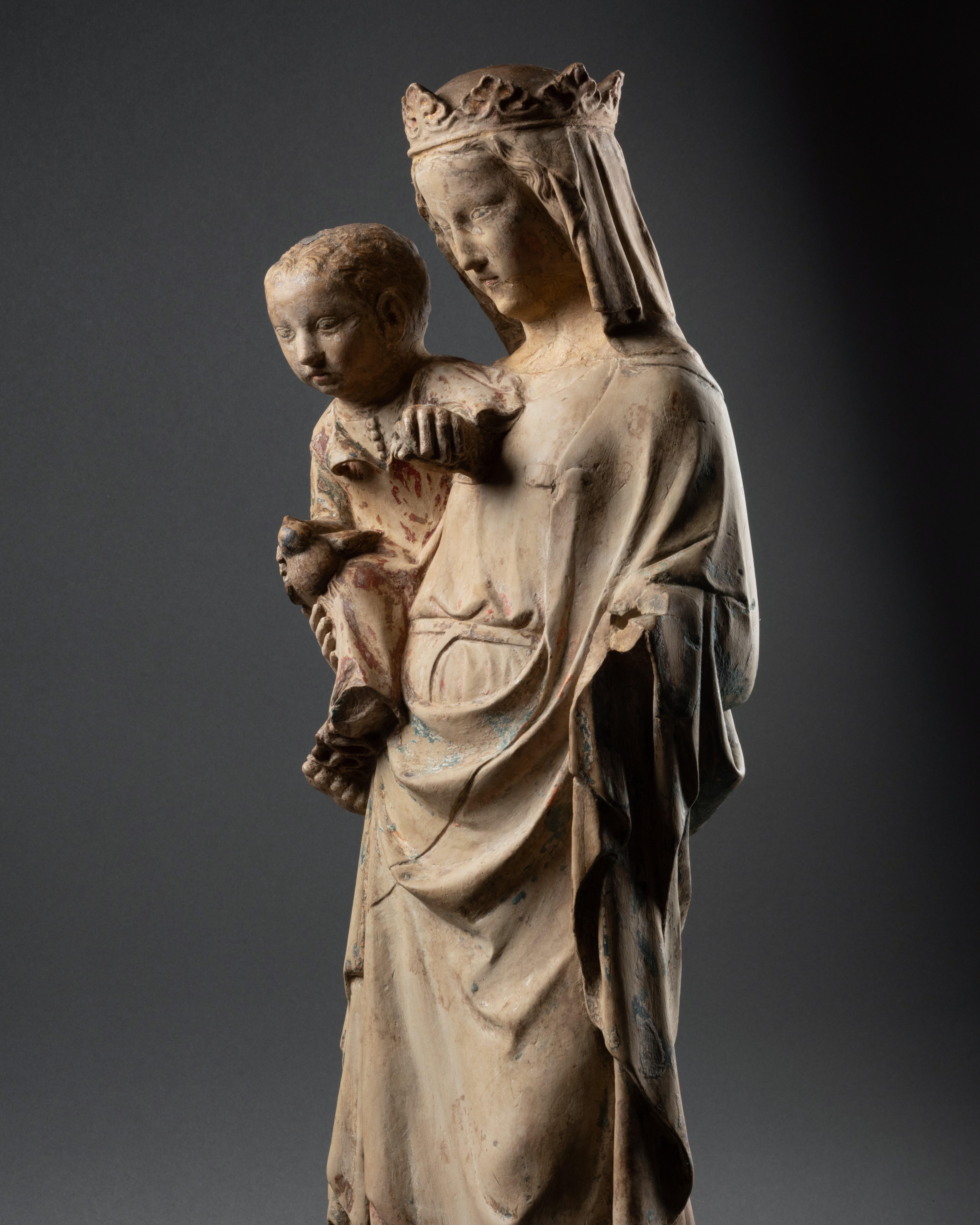 Limestone figure of Virgin and child, Lorraine, 14th century, French Gothic For Sale 8