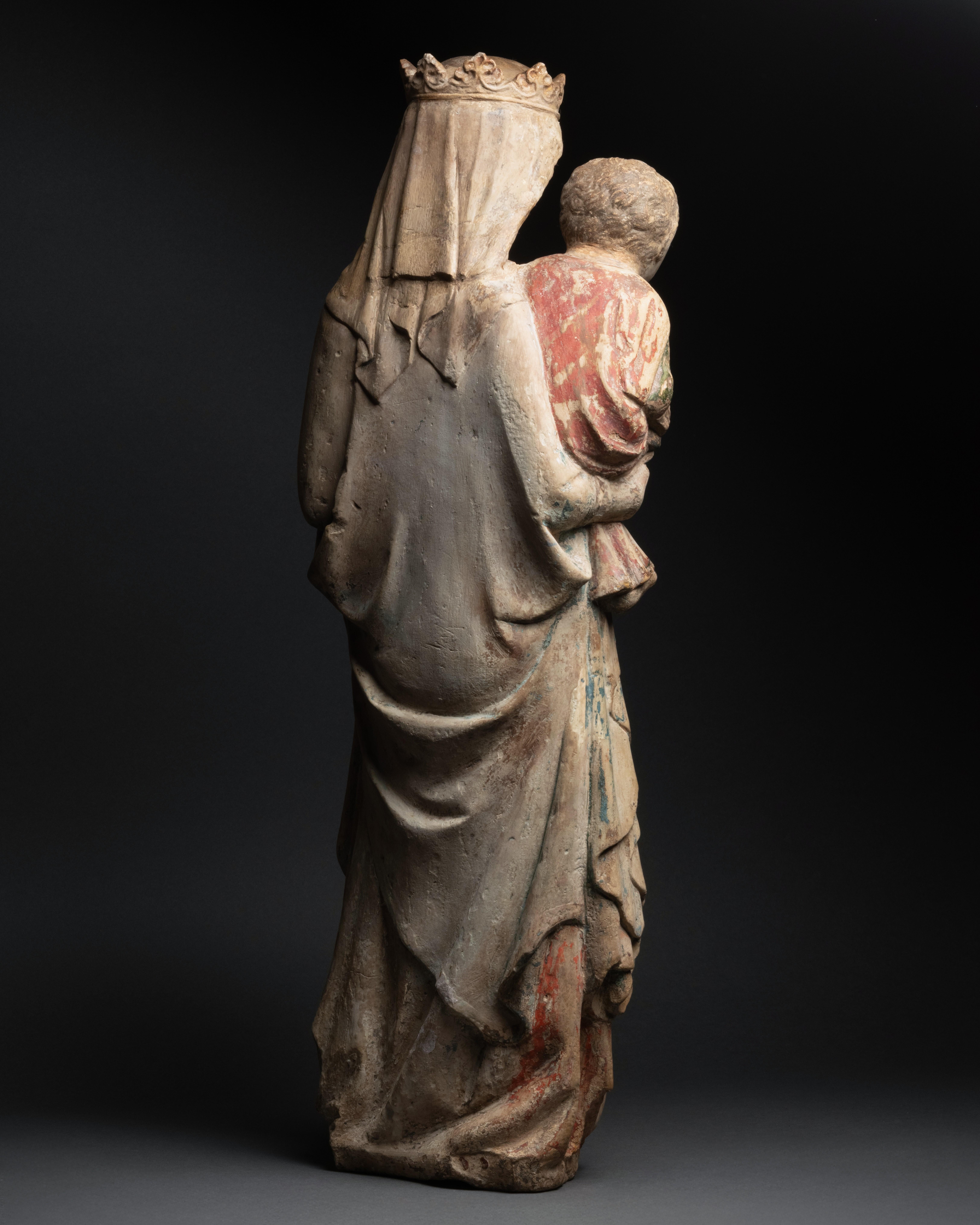 Limestone figure of Virgin and child, Lorraine, 14th century, French Gothic For Sale 12