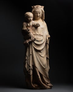 Figura in pietra calcarea di Vergine e bambino, Lorrain, XIV secolo, gotico francese