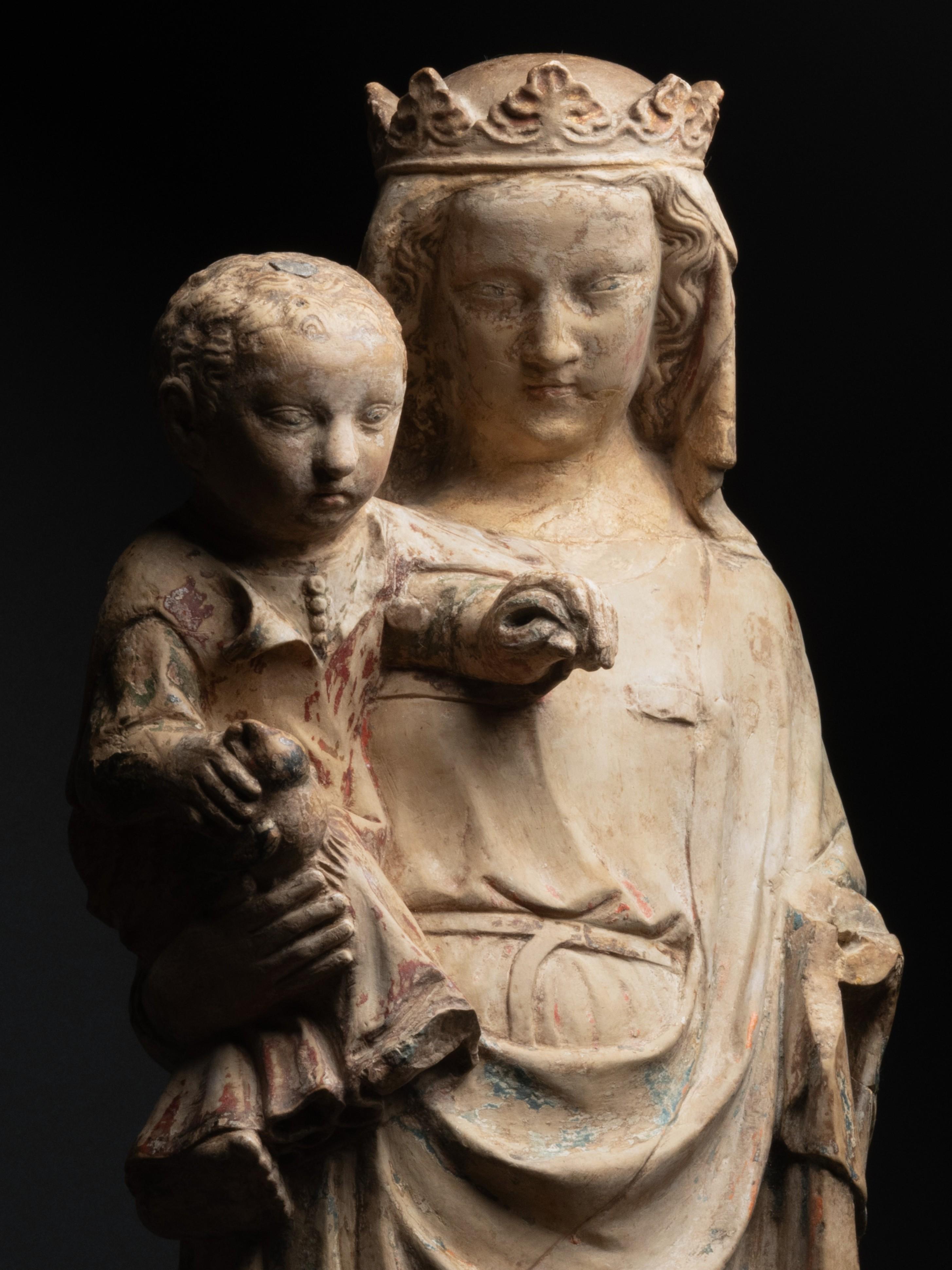 Limestone figure of Virgin and child, Lorraine, 14th century, French Gothic - Brown Figurative Sculpture by Unknown