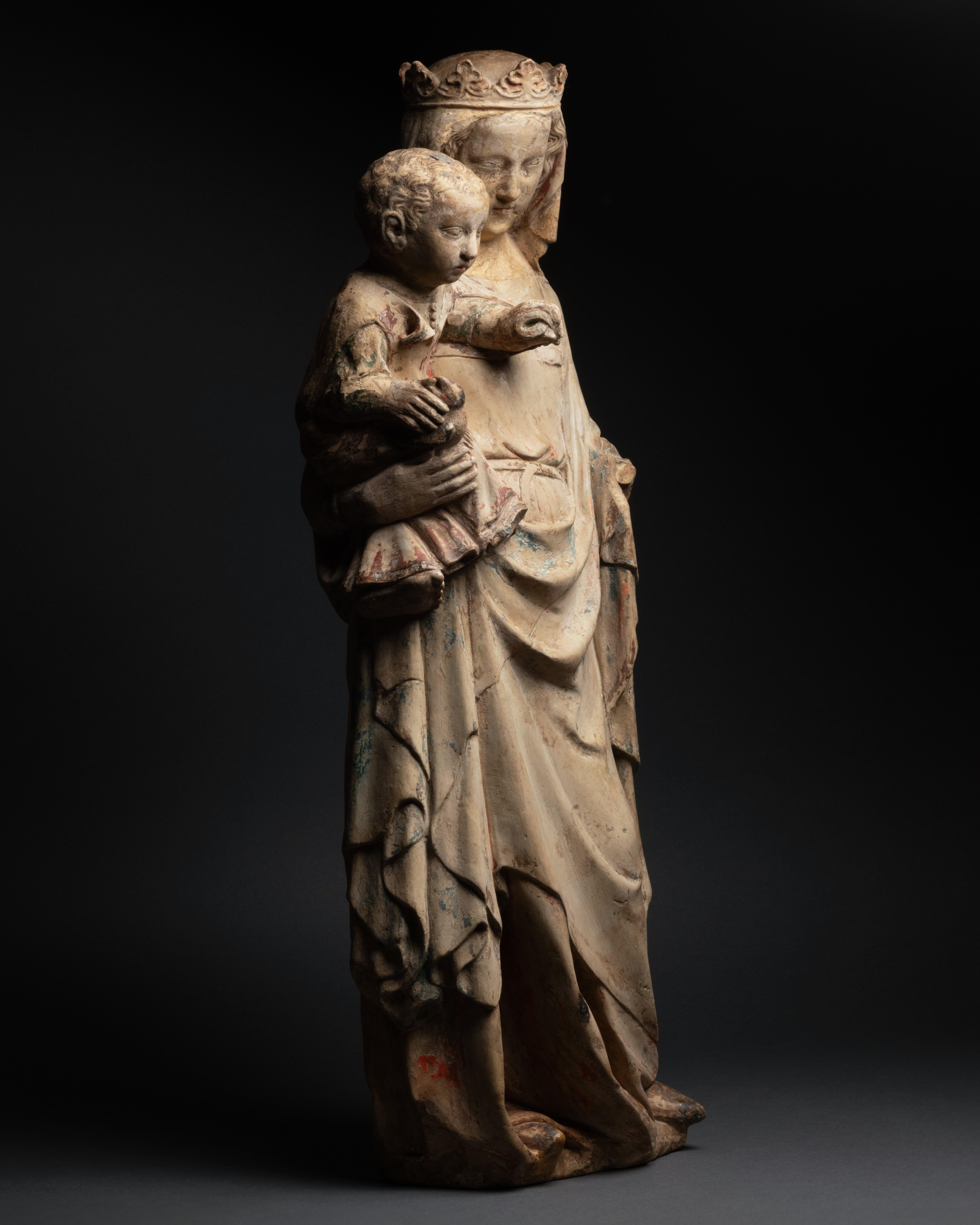 Limestone figure of Virgin and child, Lorraine, 14th century, French Gothic For Sale 1