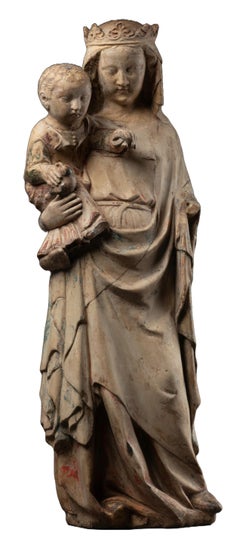 Kalksteinfigur von Jungfrau und Kind, Lorraine, 14. Jahrhundert, Französische Gotik