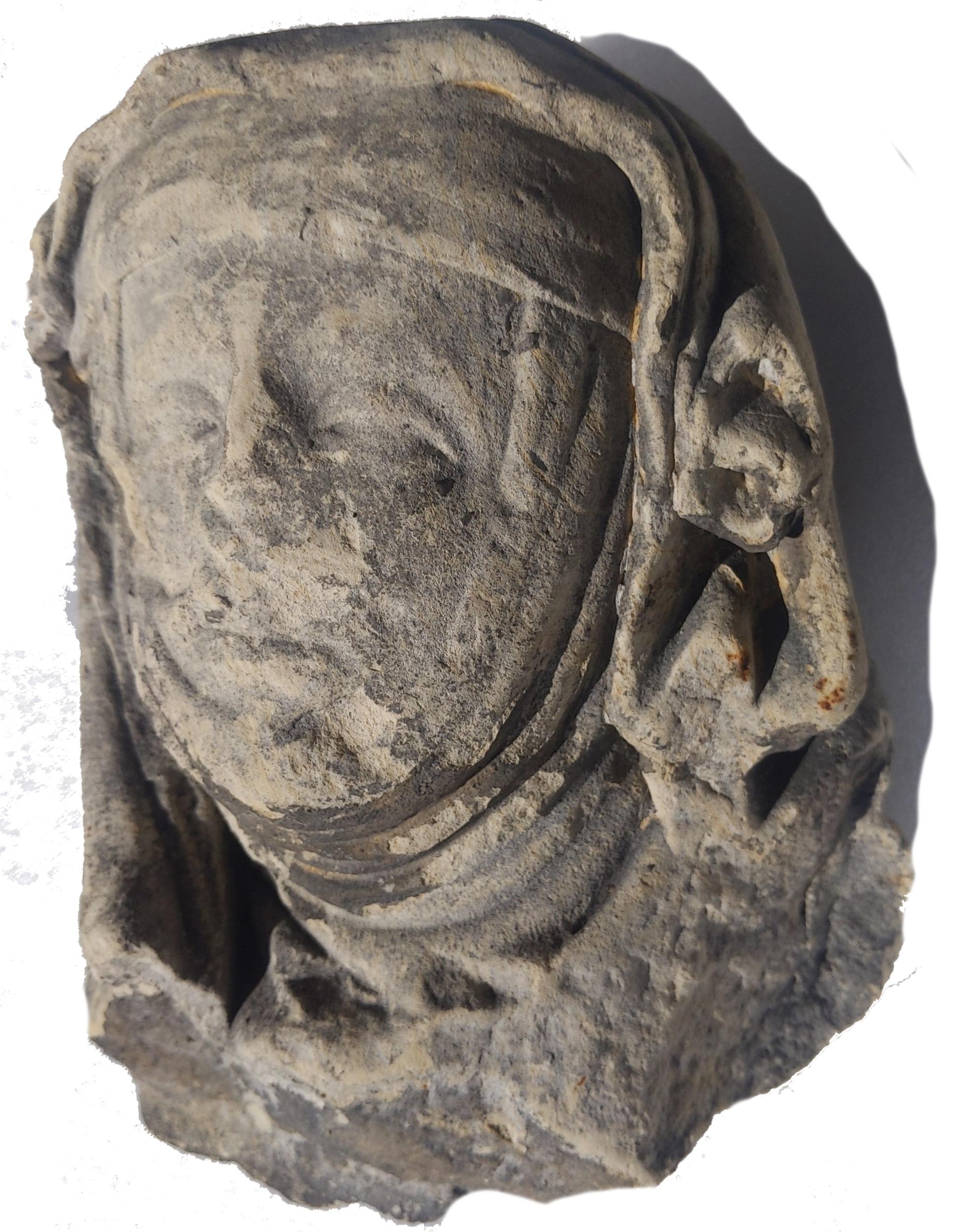 Limestone head of an abbess circa 1400 - Medieval Sculpture by Unknown