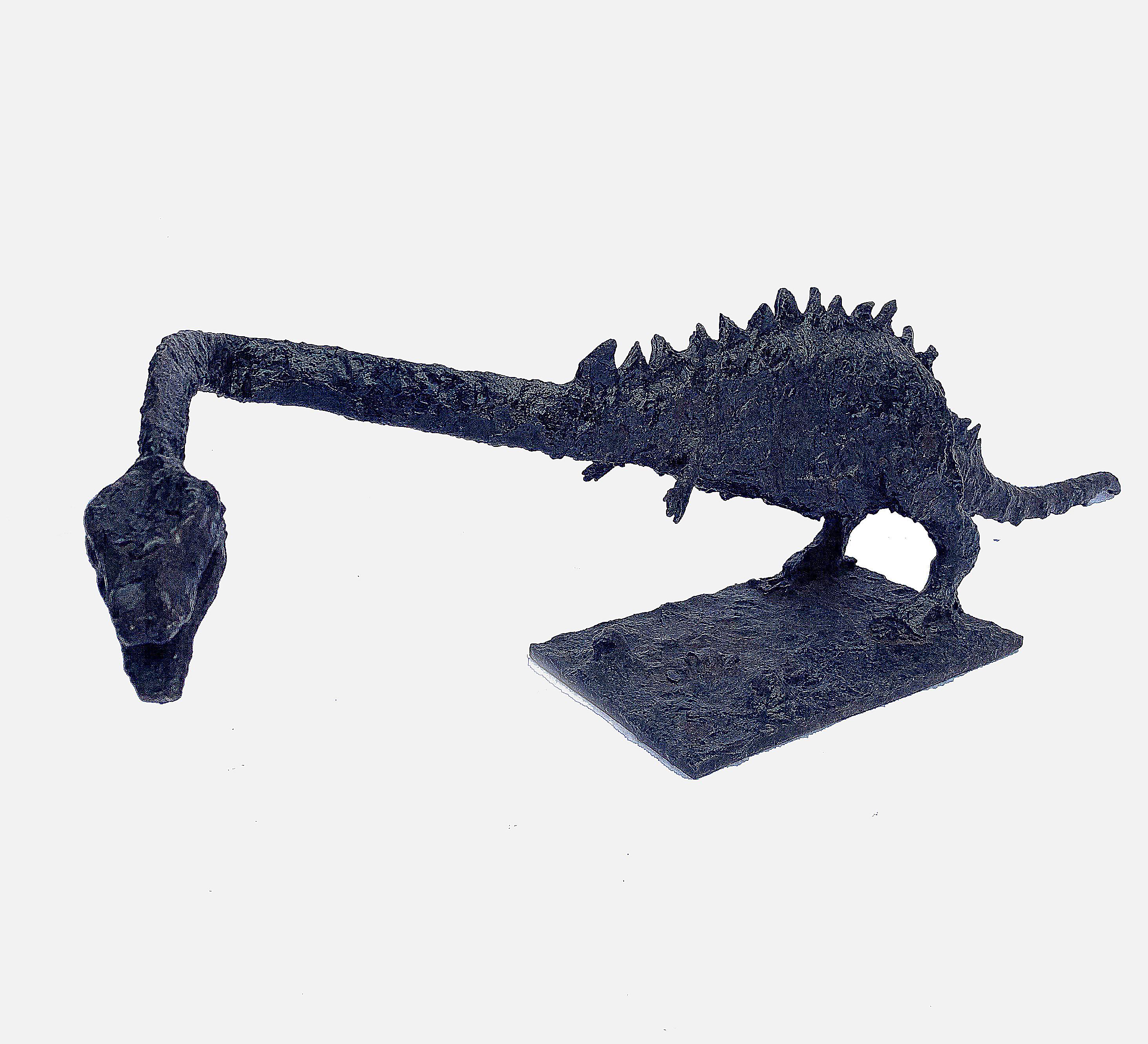 Long Brutalist Steel Dinosaur, slender with rust and tar-like finish - Sculpture by Unknown