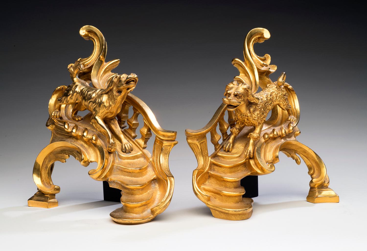 Louis XV-Style Gilt Bronze Chenets With a Poodle and a Hound - a Pair - Sculpture by Unknown