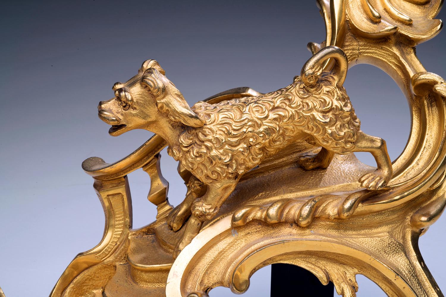Louis XV-Style Gilt Bronze Chenets With a Poodle and a Hound - a Pair - Gold Figurative Sculpture by Unknown