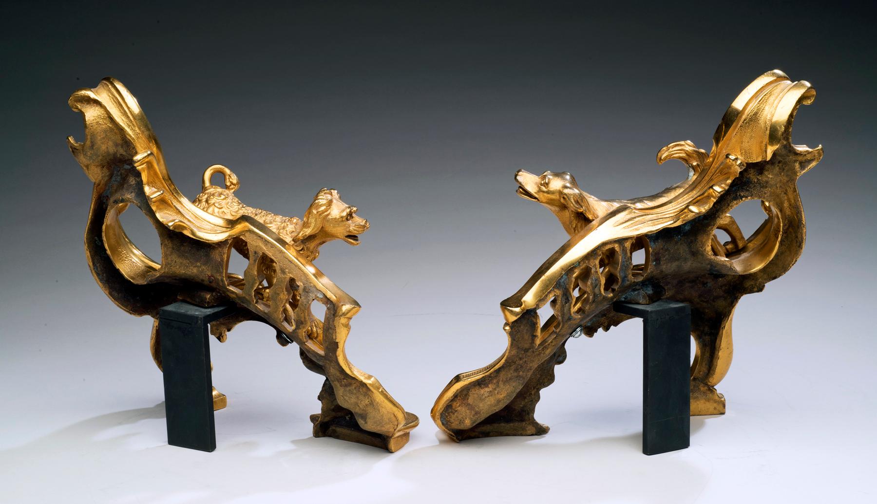Louis XV-Style Gilt Bronze Chenets With a Poodle and a Hound - a Pair 1