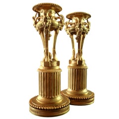  Lovely Pair Of Rove Goat Decorated French Gilt Bronze Candlesticks