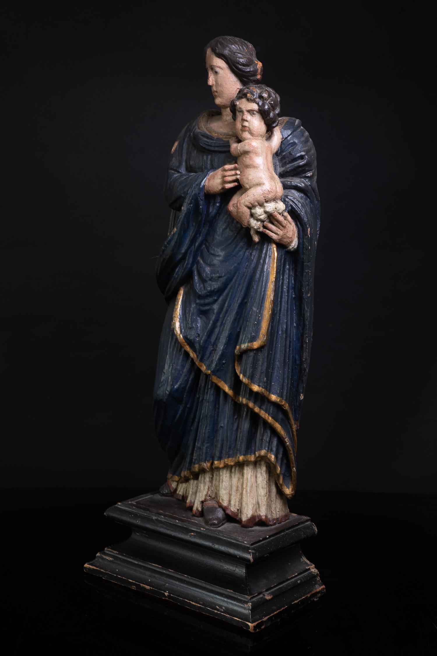 Madonna and Child, carved and polychrome wood, Early 18th C, South of France - Art by Unknown