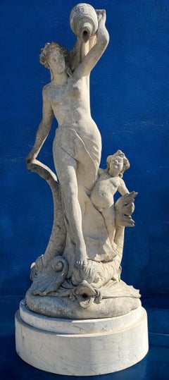 Magnifique sculpture italienne de déesse avec dauphins