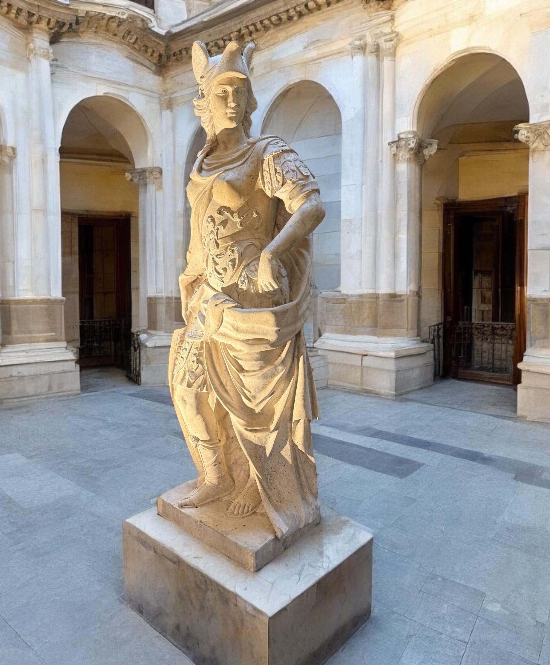 Finely carved mythological roman subject of Minerva in Marble Travertino . Excellent condition from an estate of Veneto.
Measurements: Statue cm 180 .
Minerva (Pallas Athena in Greek) was one of the most important of the ancient Greek and Roman