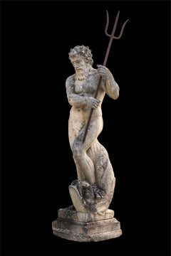 Prächtige norditalienische Steinskulptur des 19. Jahrhunderts, Figur des Gottes Neptun