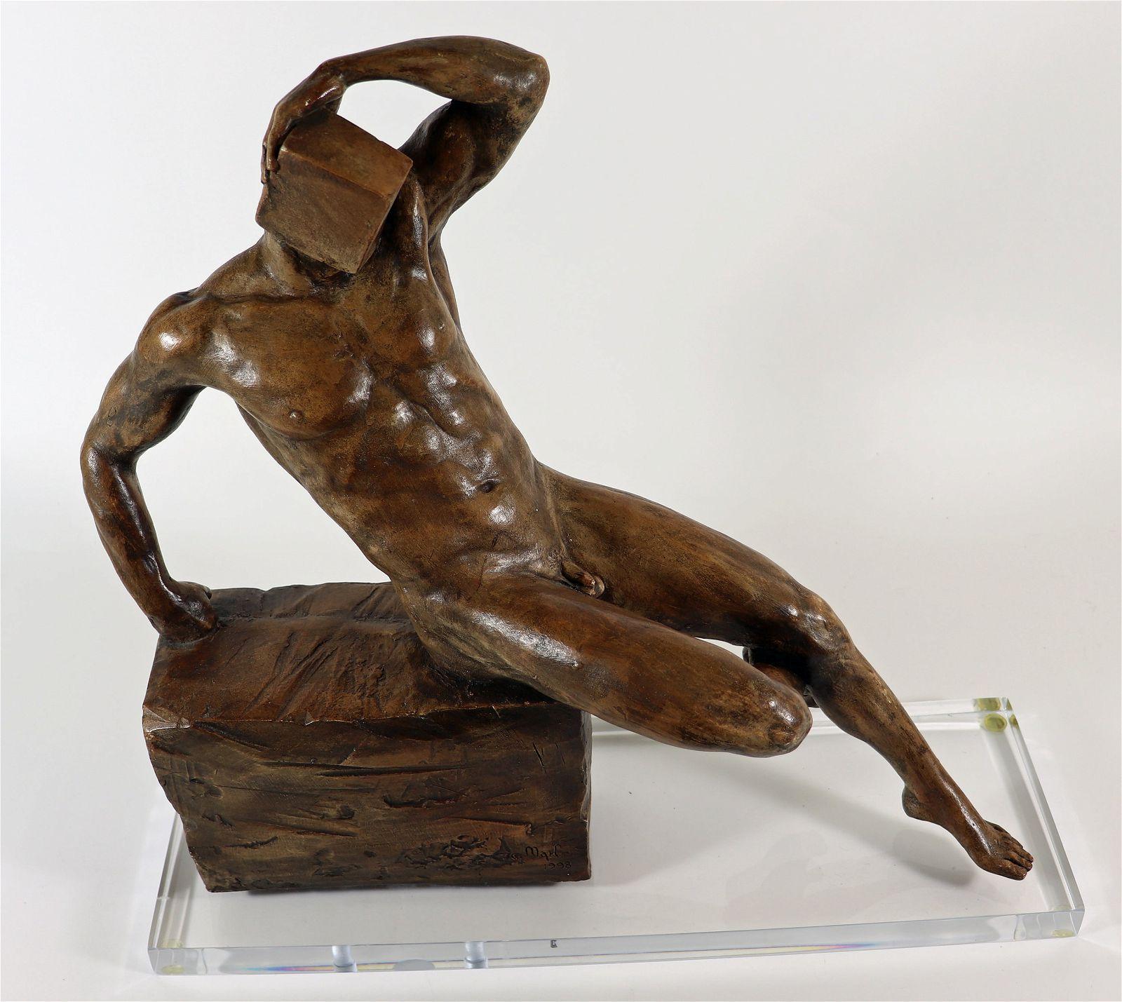 Male Nude Bronze Sculpture 1998
Marlo for M.A.C. California, bronze sculpture of a nude man figure with block head on lucite base. Signed on side and dated 1998. Measures 17