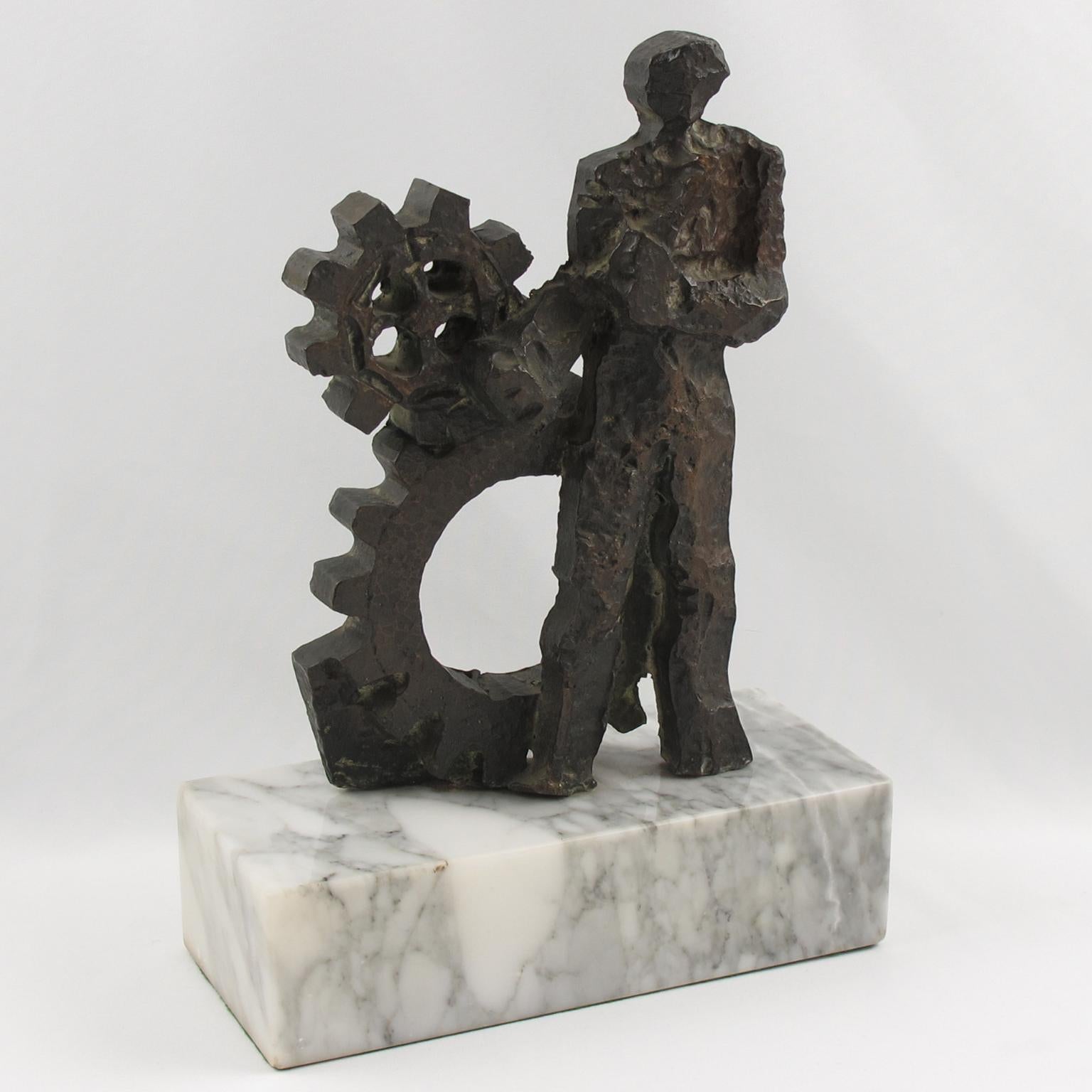 This superb modern brutalist bronze sculpture from the 1970s represents an allegory of man and machine (or worker) with a beautiful original dark green patina. The design is striking from every angle. The sculpture is intentionally raw and hollow at
