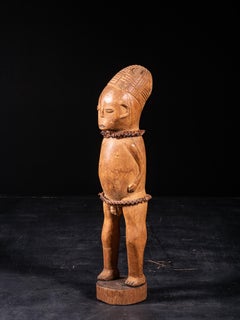 Mangbetu People, Very Early Male Statue with Snake Vertebrae Belt and Necklace.
