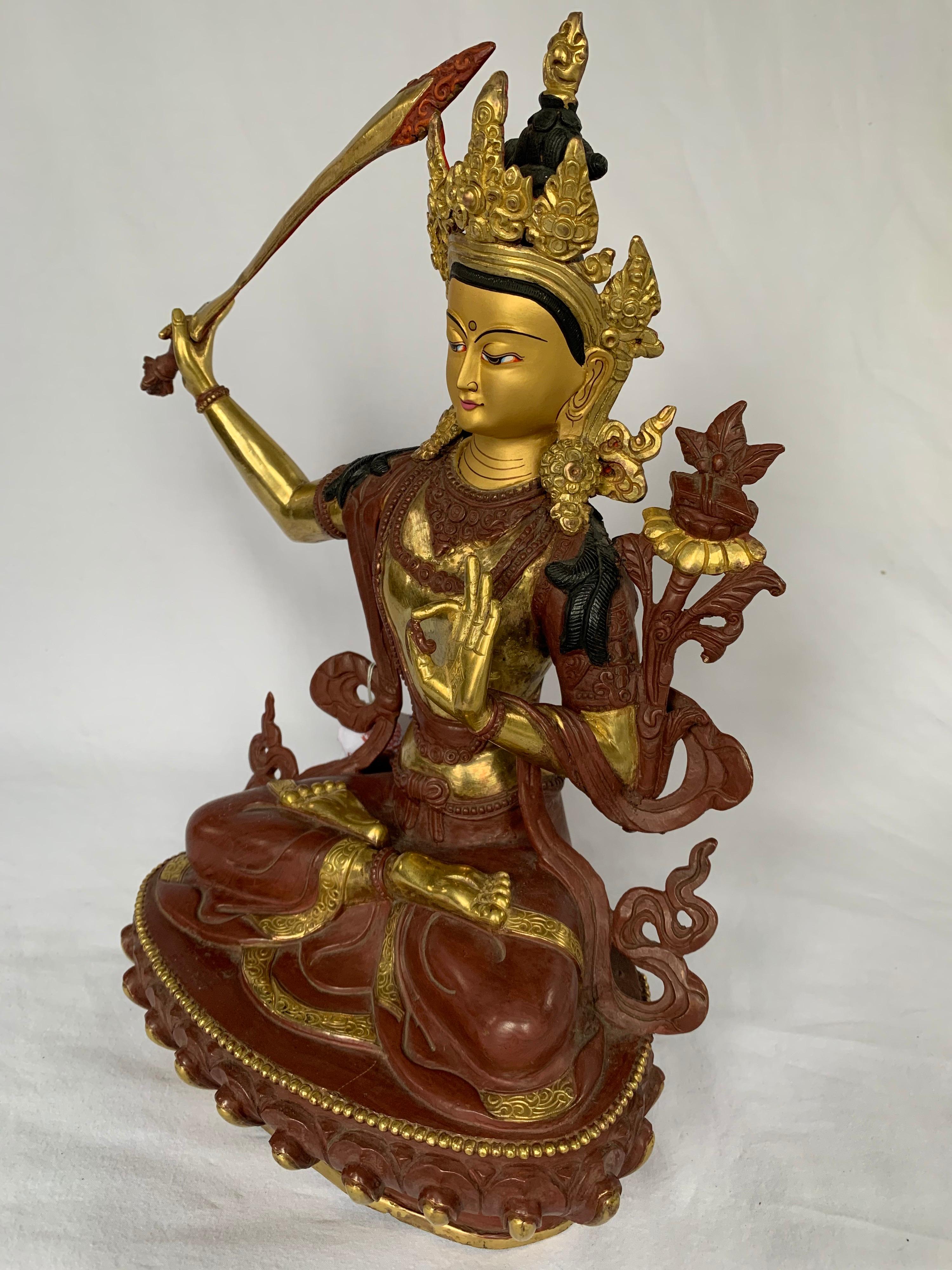 Manjushree Statue 12 Inch with 24K Gold Handcrafted by Lost Wax Process - Sculpture by Unknown