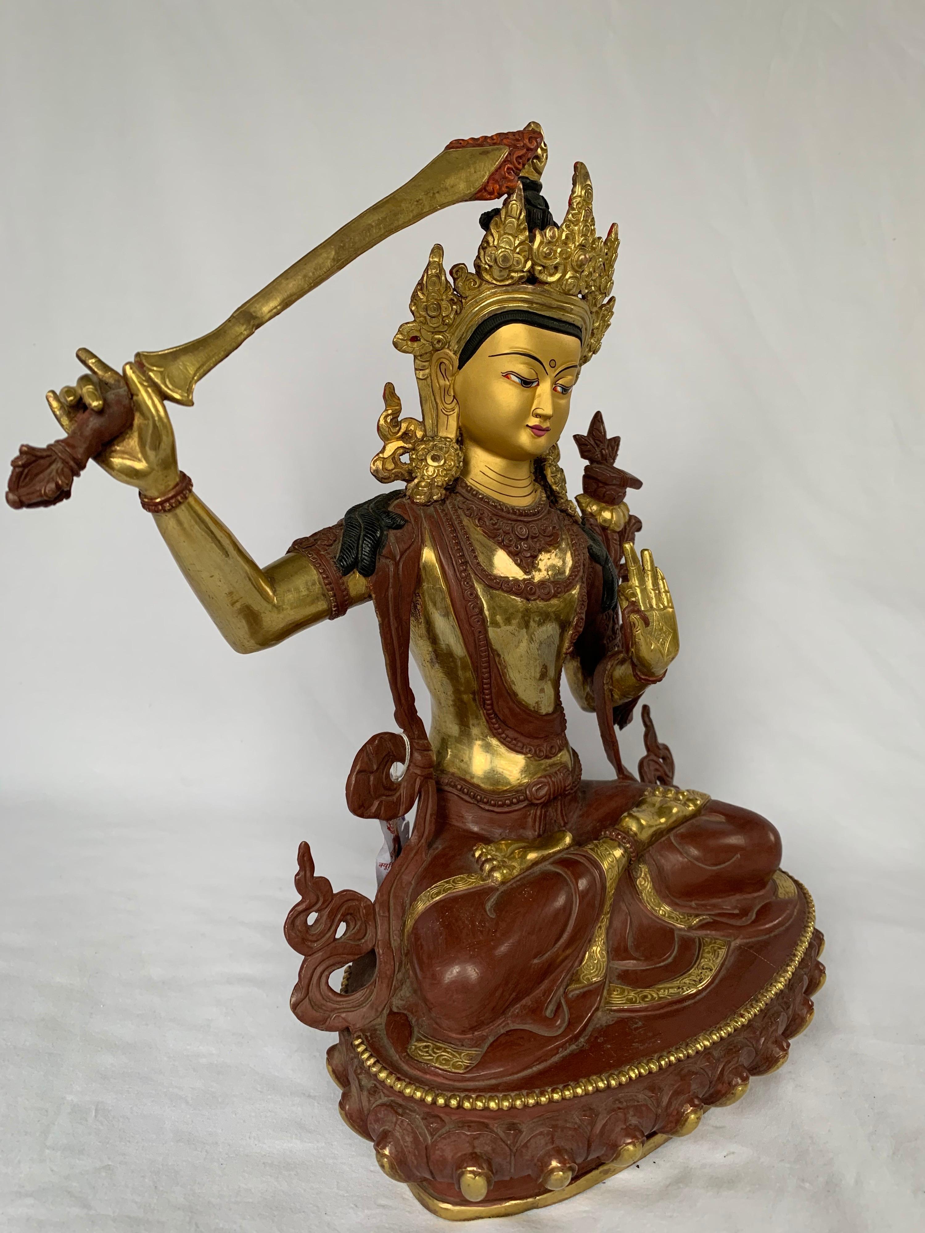 Manjushree Statue 12 Inch with 24K Gold Handcrafted by Lost Wax Process - Other Art Style Sculpture by Unknown