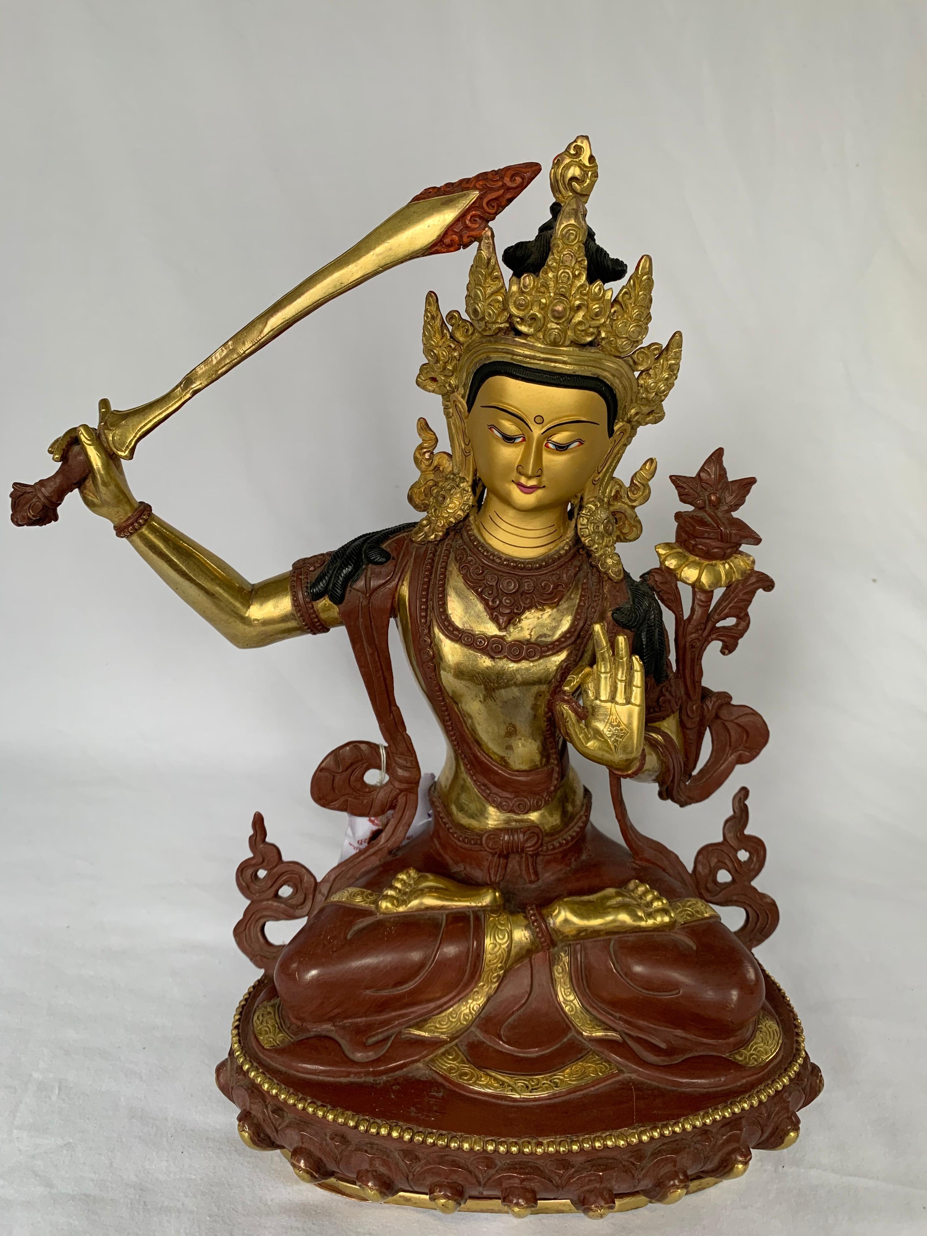 Unknown Figurative Sculpture - Manjushree Statue 12 Inch with 24K Gold Handcrafted by Lost Wax Process