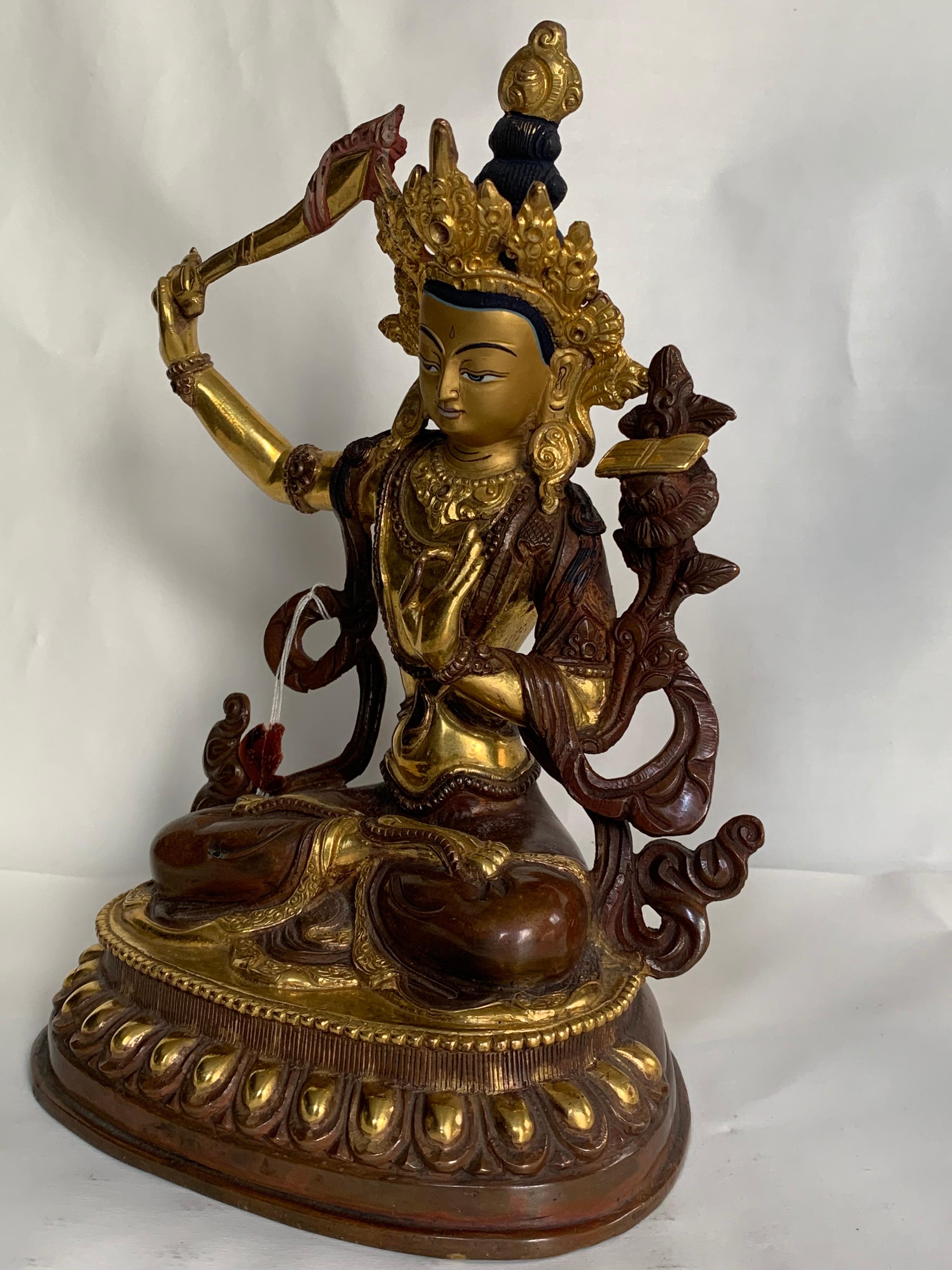 Manjushree Statue 9 Inch with 24K Gold Handcrafted by Lost Wax Process - Sculpture by Unknown