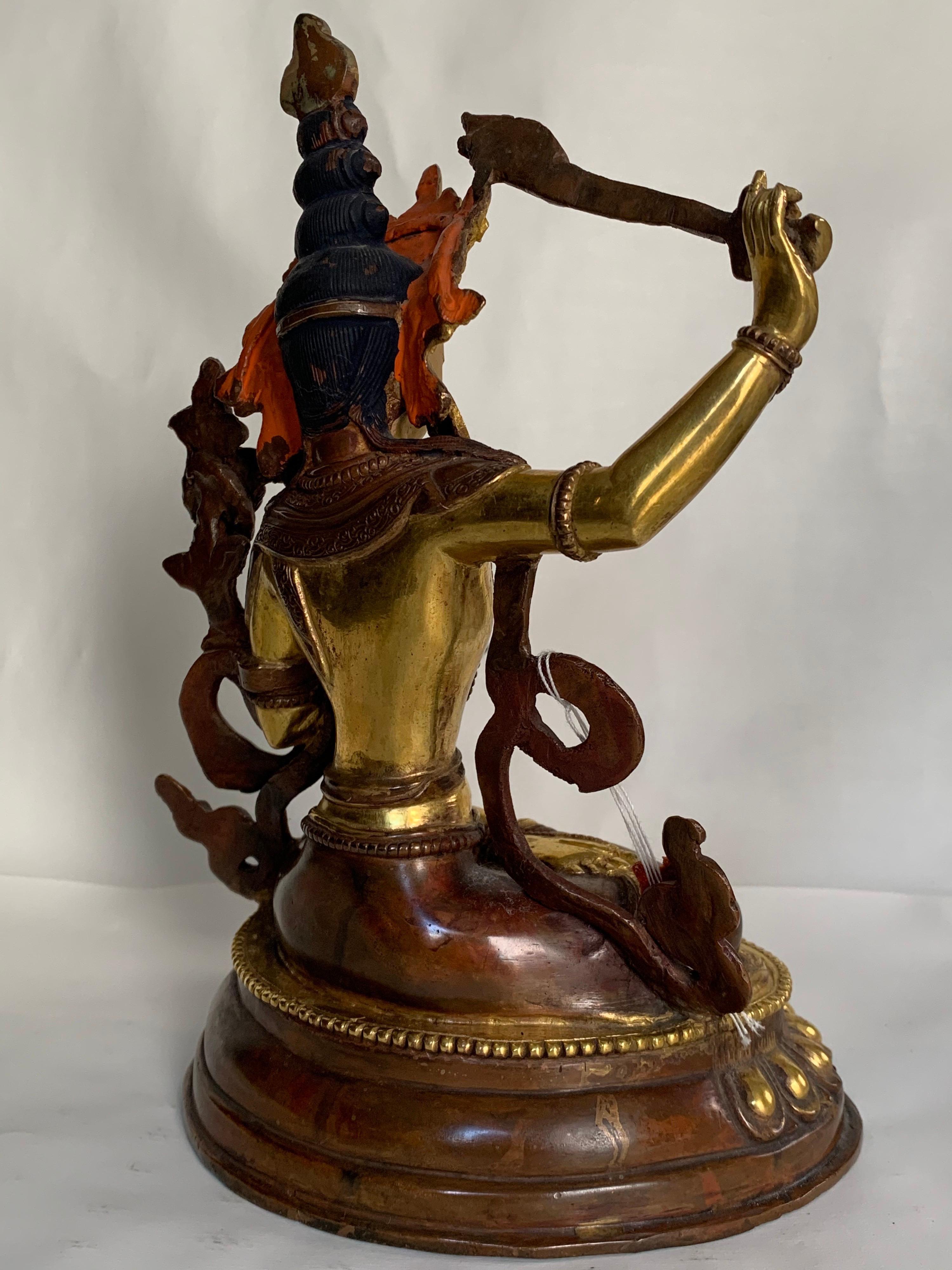 Manjushree Statue 9 Inch with 24K Gold Handcrafted by Lost Wax Process - Other Art Style Sculpture by Unknown