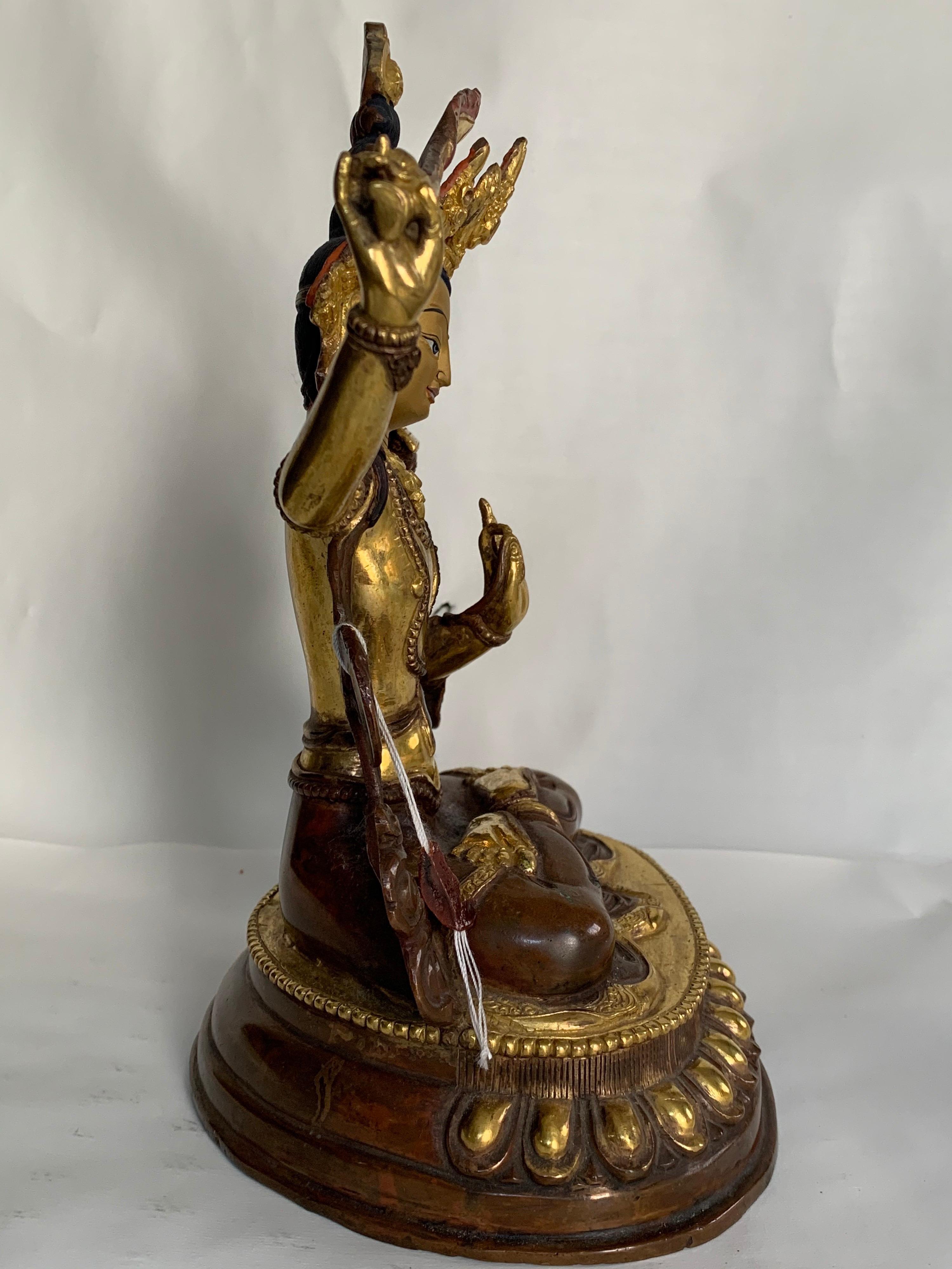 Manjushree Statue 9 Inch with 24K Gold Handcrafted by Lost Wax Process - Brown Figurative Sculpture by Unknown