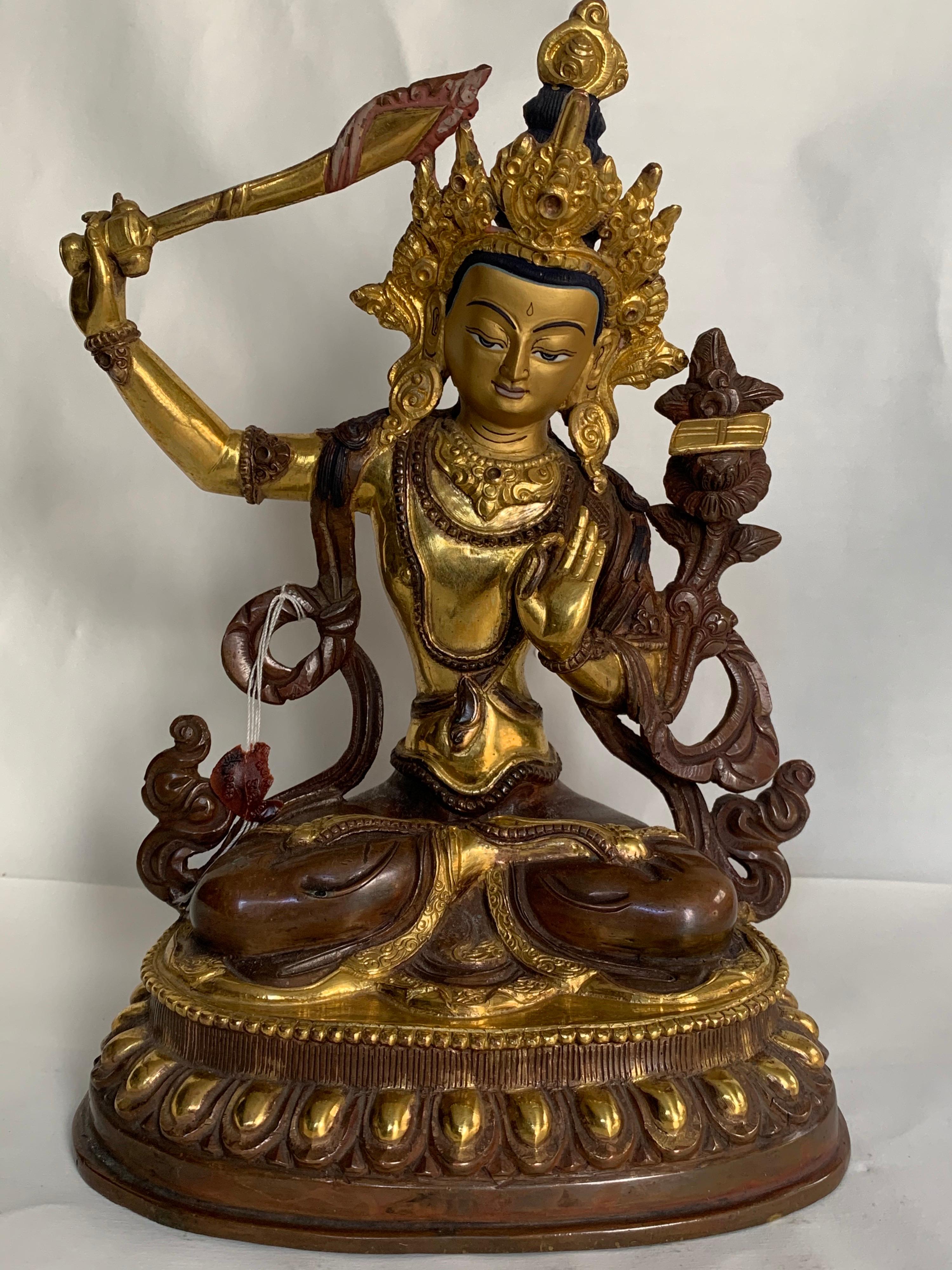 Unknown Figurative Sculpture - Manjushree Statue 9 Inch with 24K Gold Handcrafted by Lost Wax Process