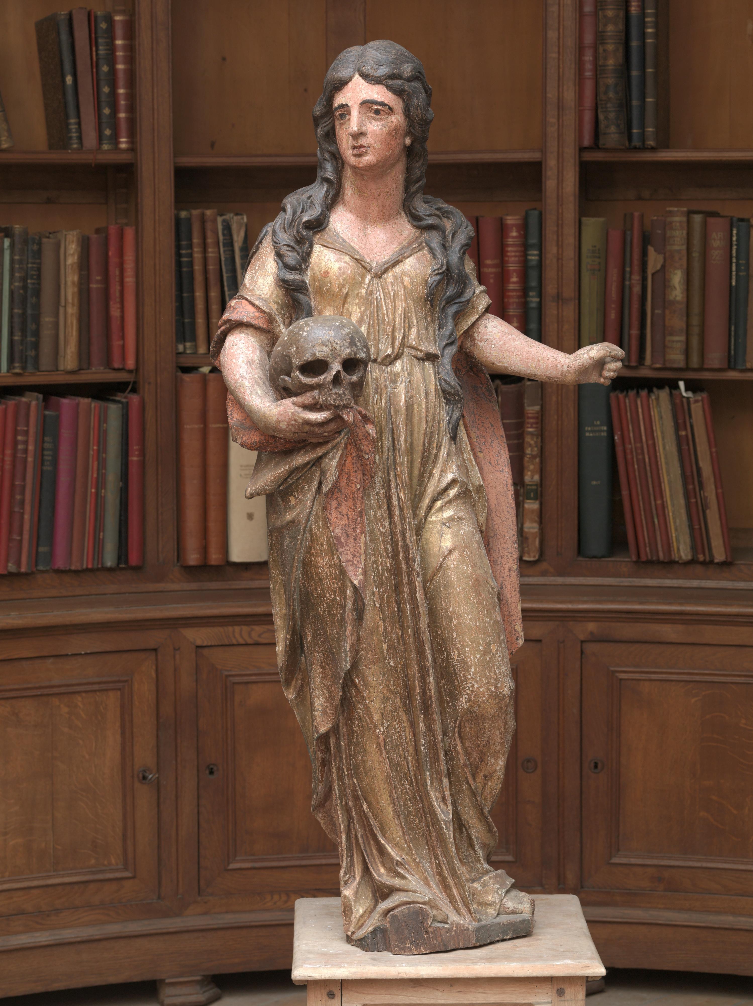 Unknown Figurative Sculpture - Mary-Magdalene with Skull, Standing Figure Belonging to a Confessional