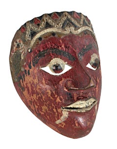 "Masken mit runden Augen, bemalten Fächern und blutrotem Gesicht", Holz aus Indonesien