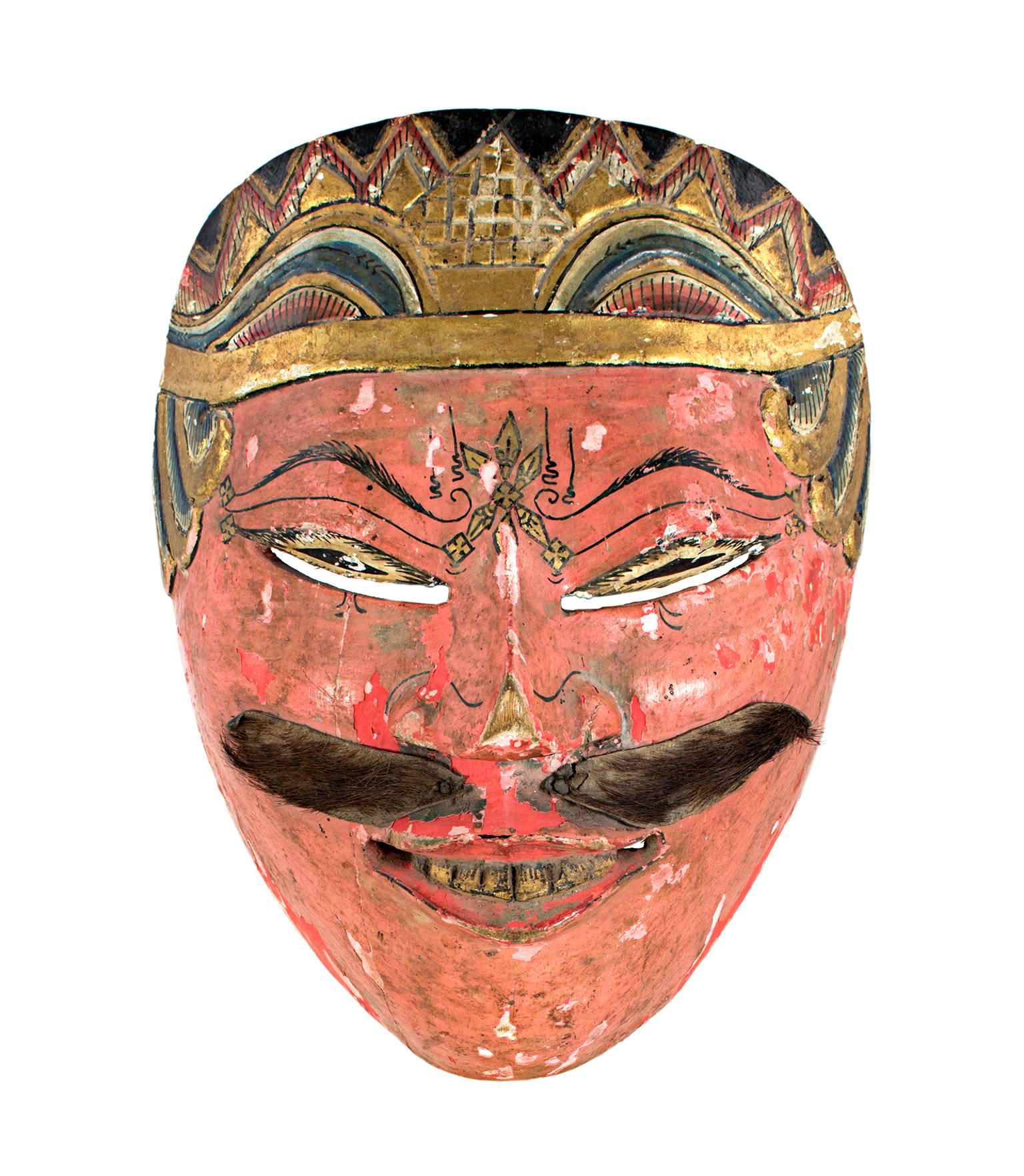"Mask with Salmon-Colored Face and Slanted Eyes, " Wood & Fur Mustache, Indonesia - Sculpture by Unknown