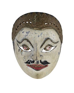 Antique "Mask with White Face, Round Eyes, and Painted Mustache, " Wood from Indonesia