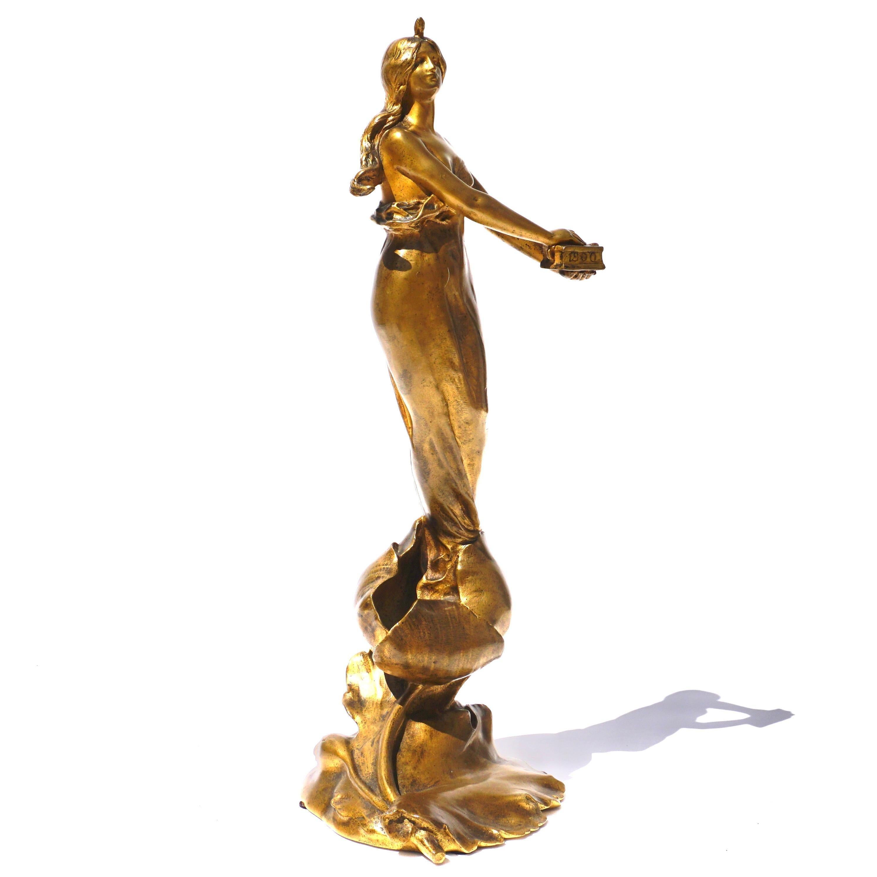 Maurice Bouval Art Nouveau Gilt Bronze Sculpture For Sale 1