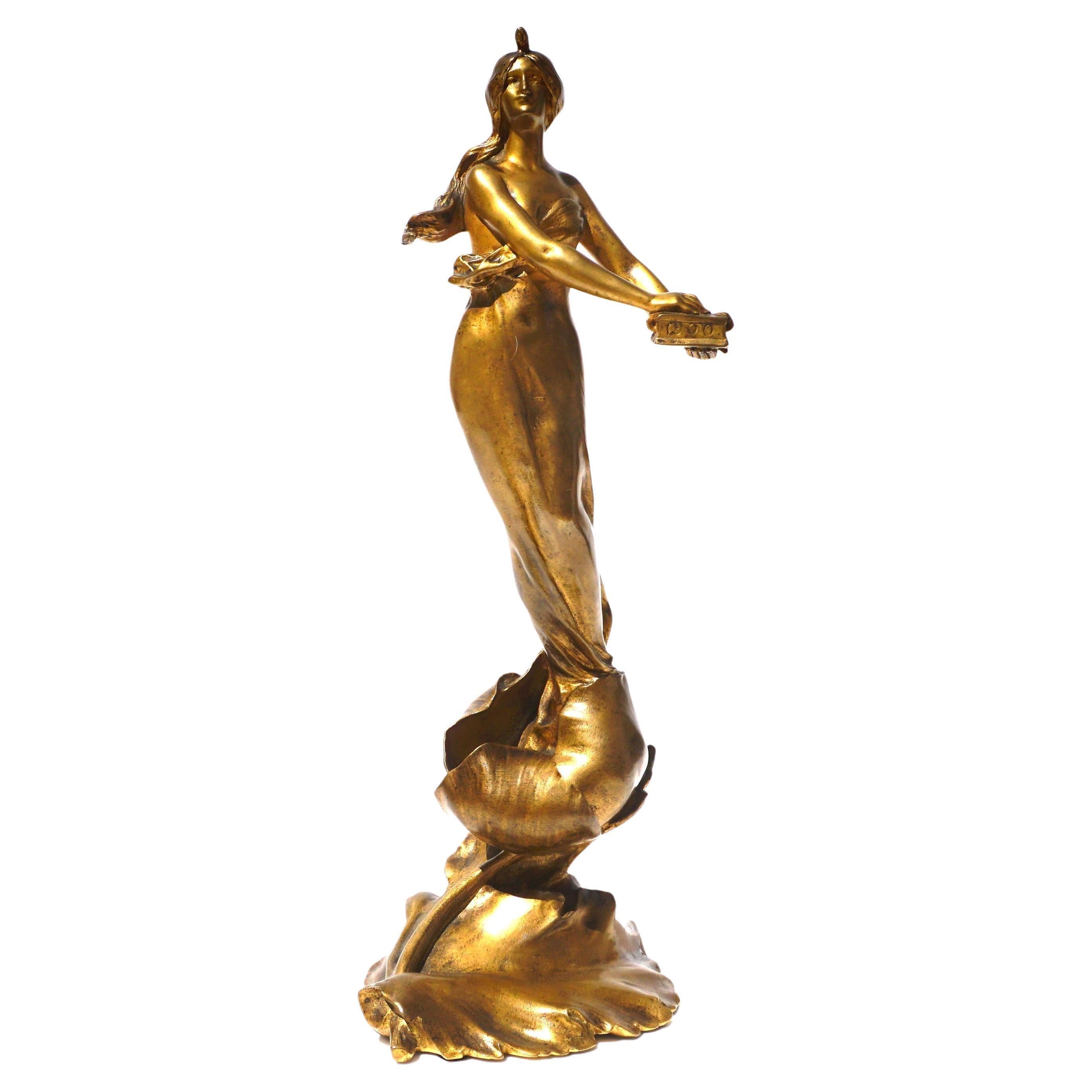 Unknown Figurative Sculpture - Maurice Bouval Art Nouveau Gilt Bronze Sculpture