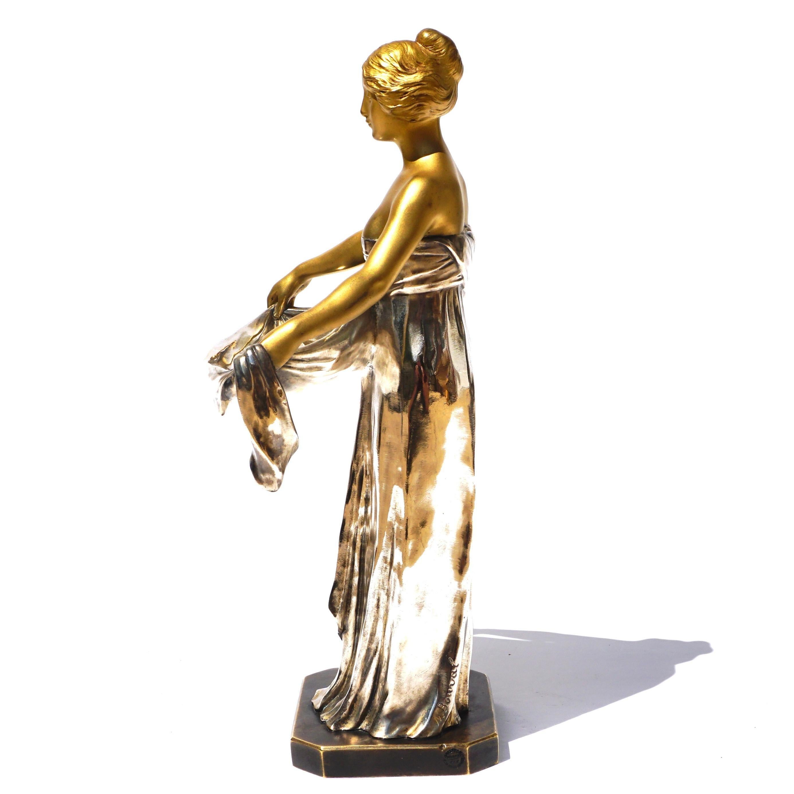 Maurice Bouval Gilt and Silvered Bronze Art Nouveau Figure For Sale 1