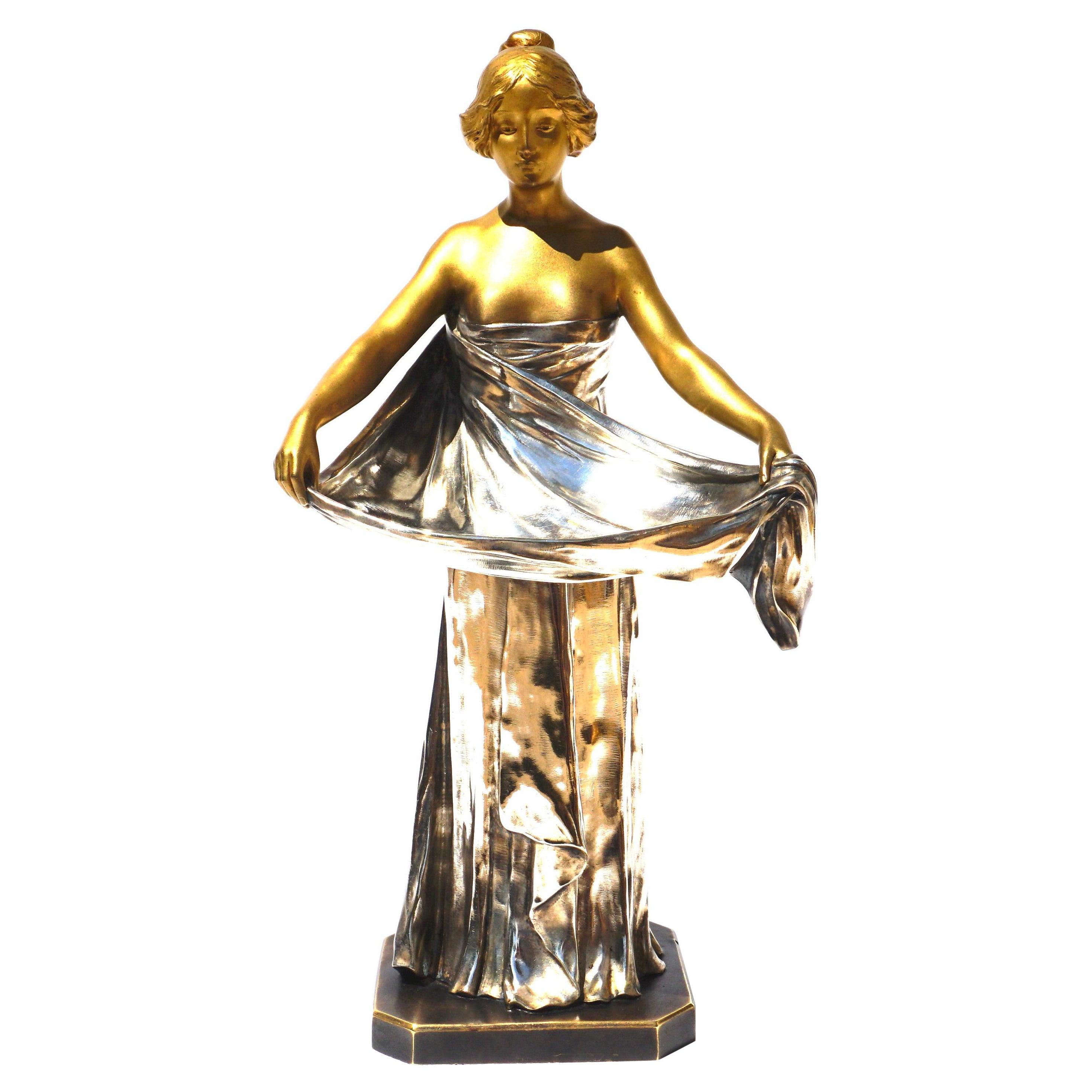 Unknown Figurative Sculpture - Maurice Bouval Gilt and Silvered Bronze Art Nouveau Figure