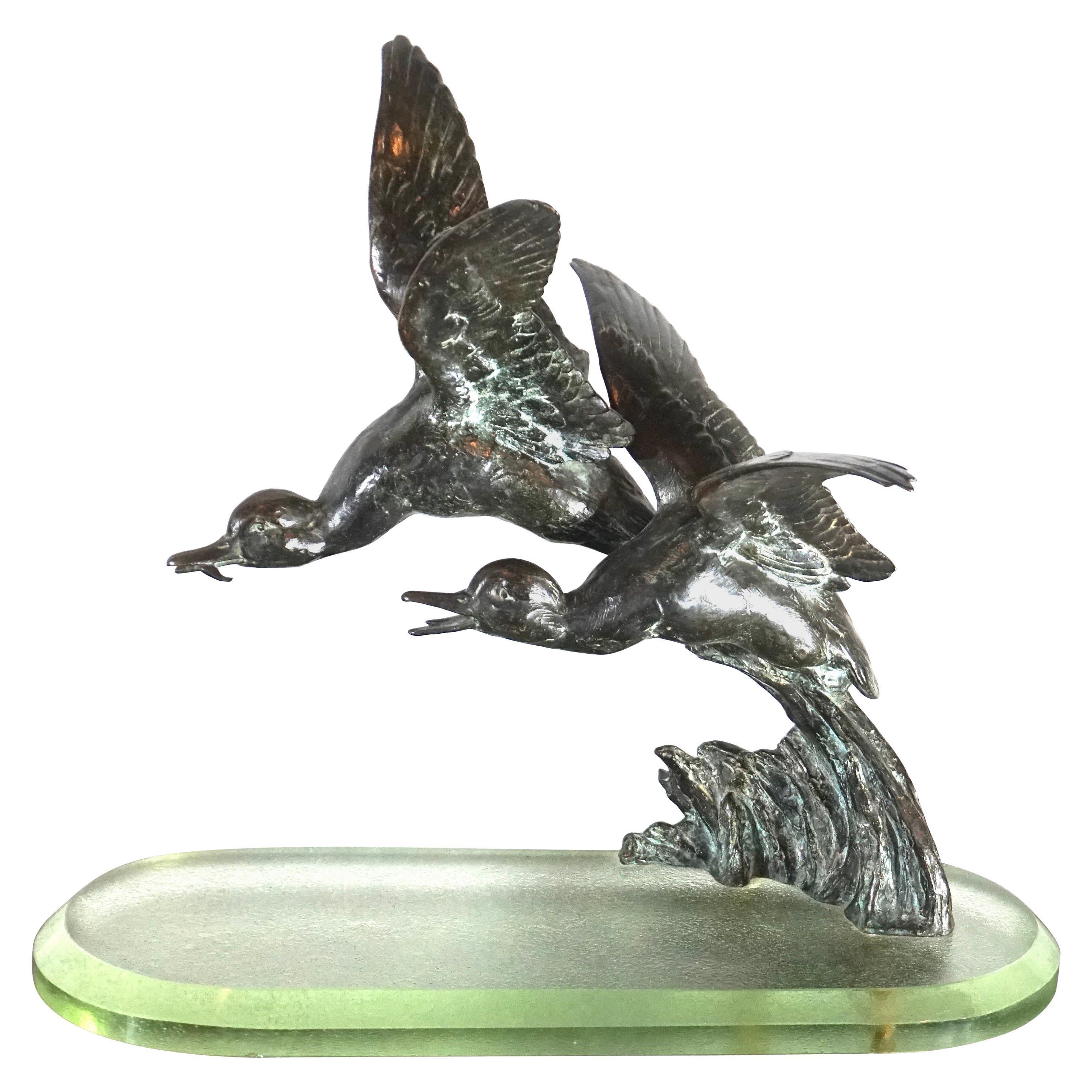 Unknown Figurative Sculpture - Maximilien-Louis Fiot Bronze Ducks In Flight Sculpture