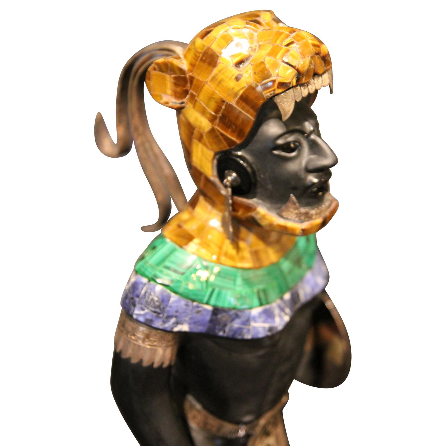 Mayan or Aztec Warrior Sculpture with Lapis, Tiger Eye and Malachite Inlay 1