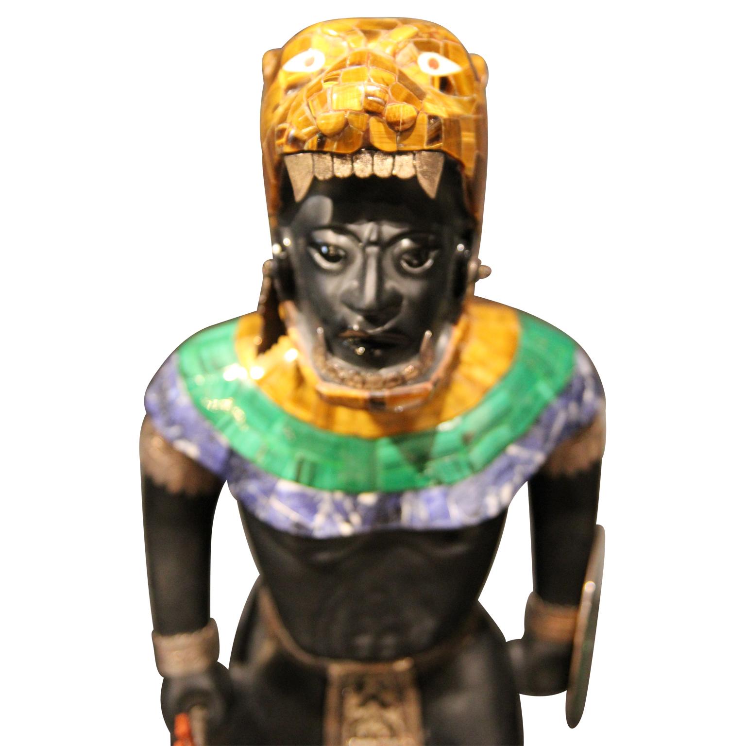 Mayan or Aztec Warrior Sculpture with Lapis, Tiger Eye and Malachite Inlay 2