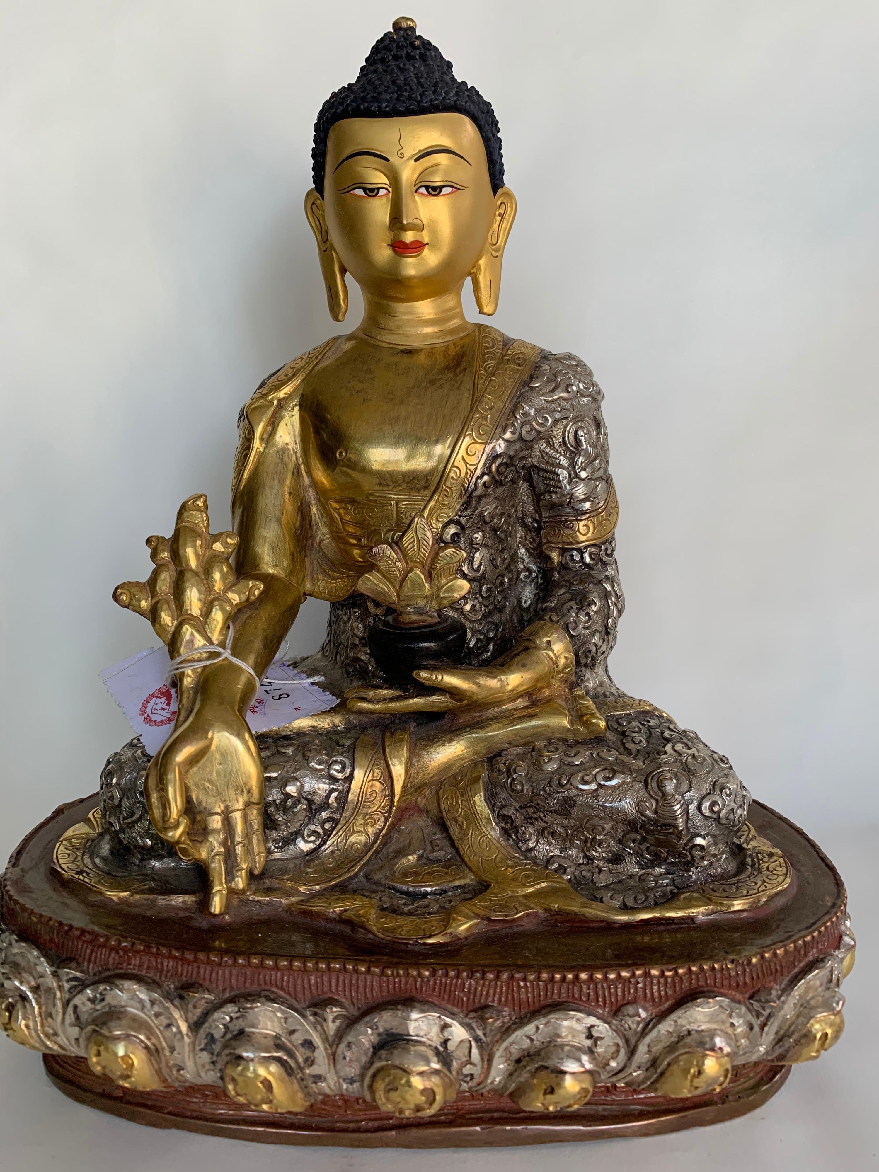 Medicine Buddha Statue 9.5 Inch with 24 Gold Handcrafted by Lost Wax Process - Sculpture by Unknown
