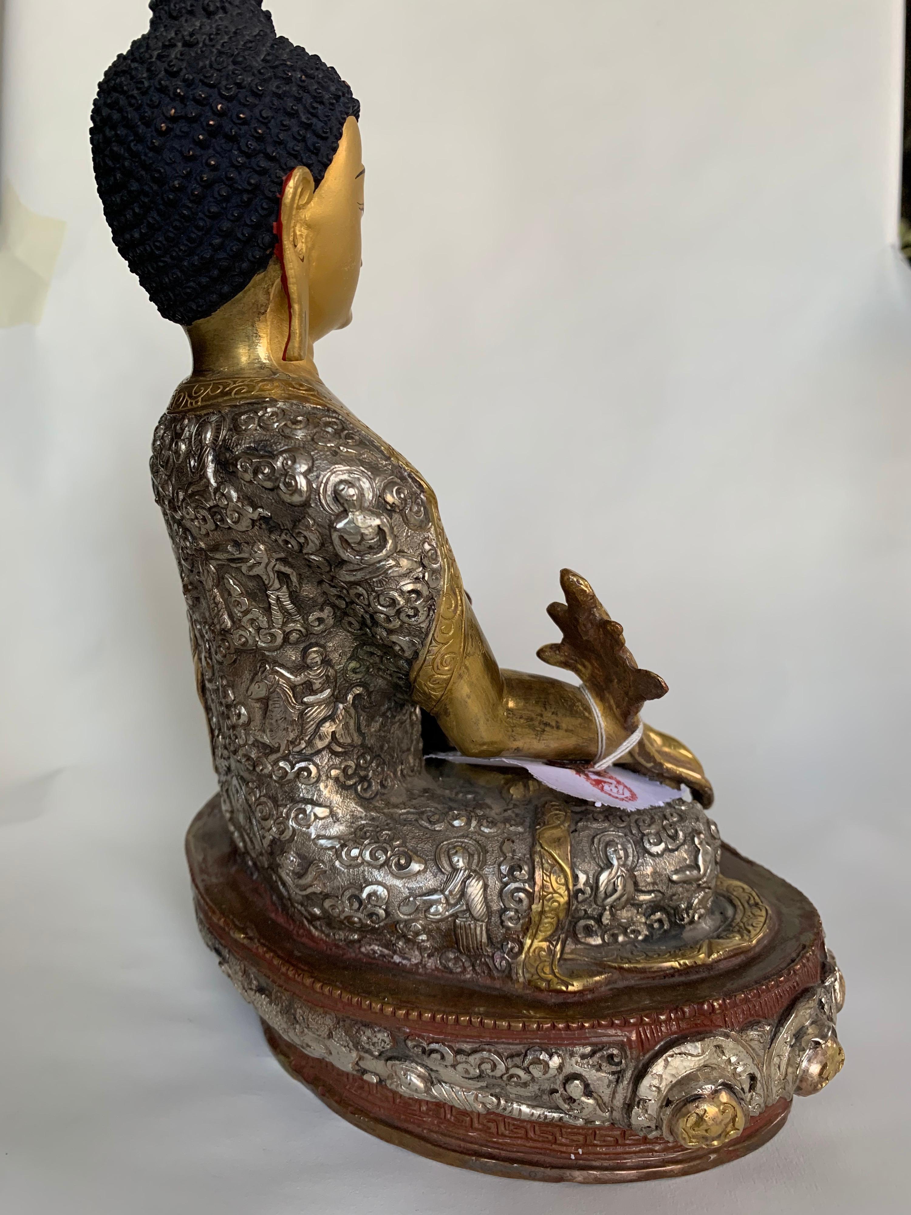 Medicine Buddha Statue 9.5 Inch with 24 Gold Handcrafted by Lost Wax Process - Gray Figurative Sculpture by Unknown