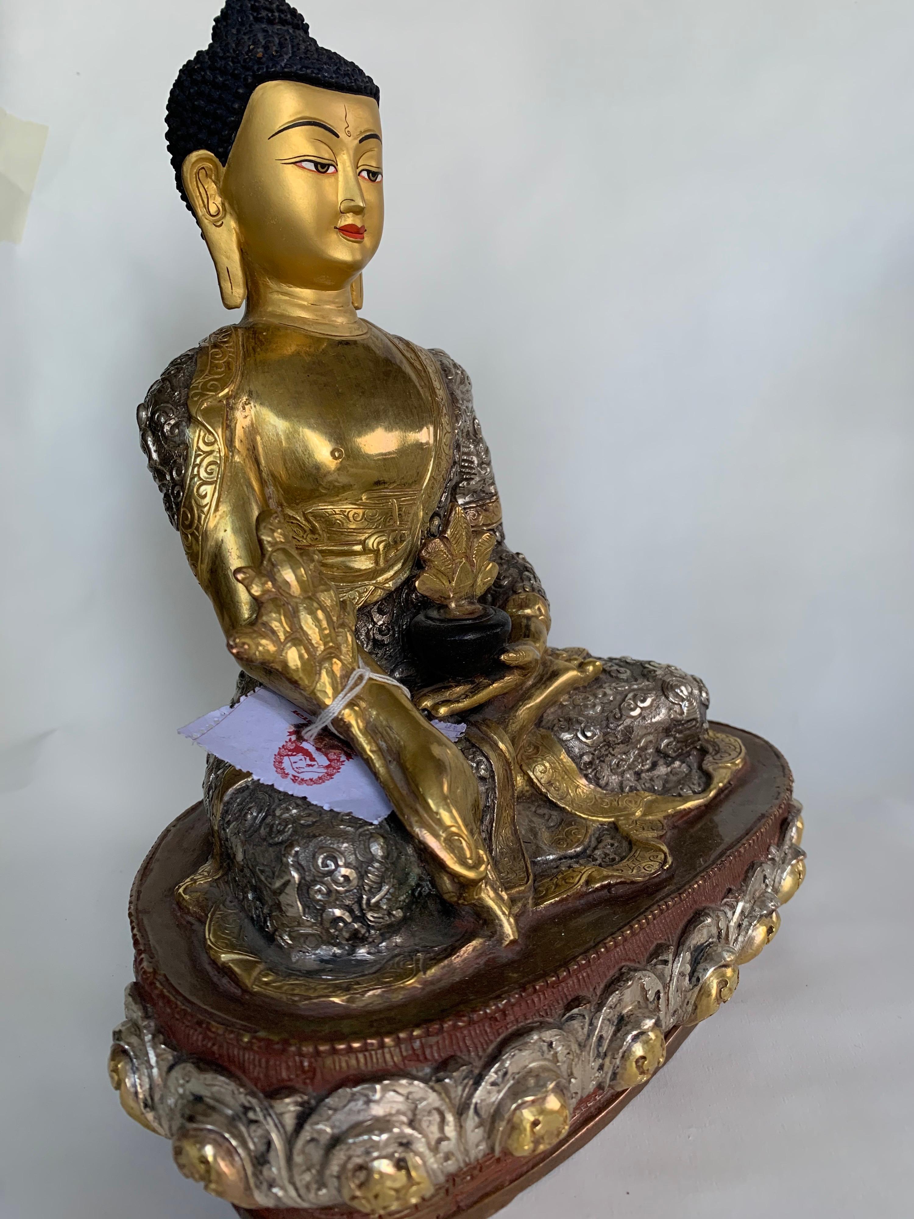 Medicine Buddha Statue 9.5 Inch with 24 Gold Handcrafted by Lost Wax Process For Sale 1