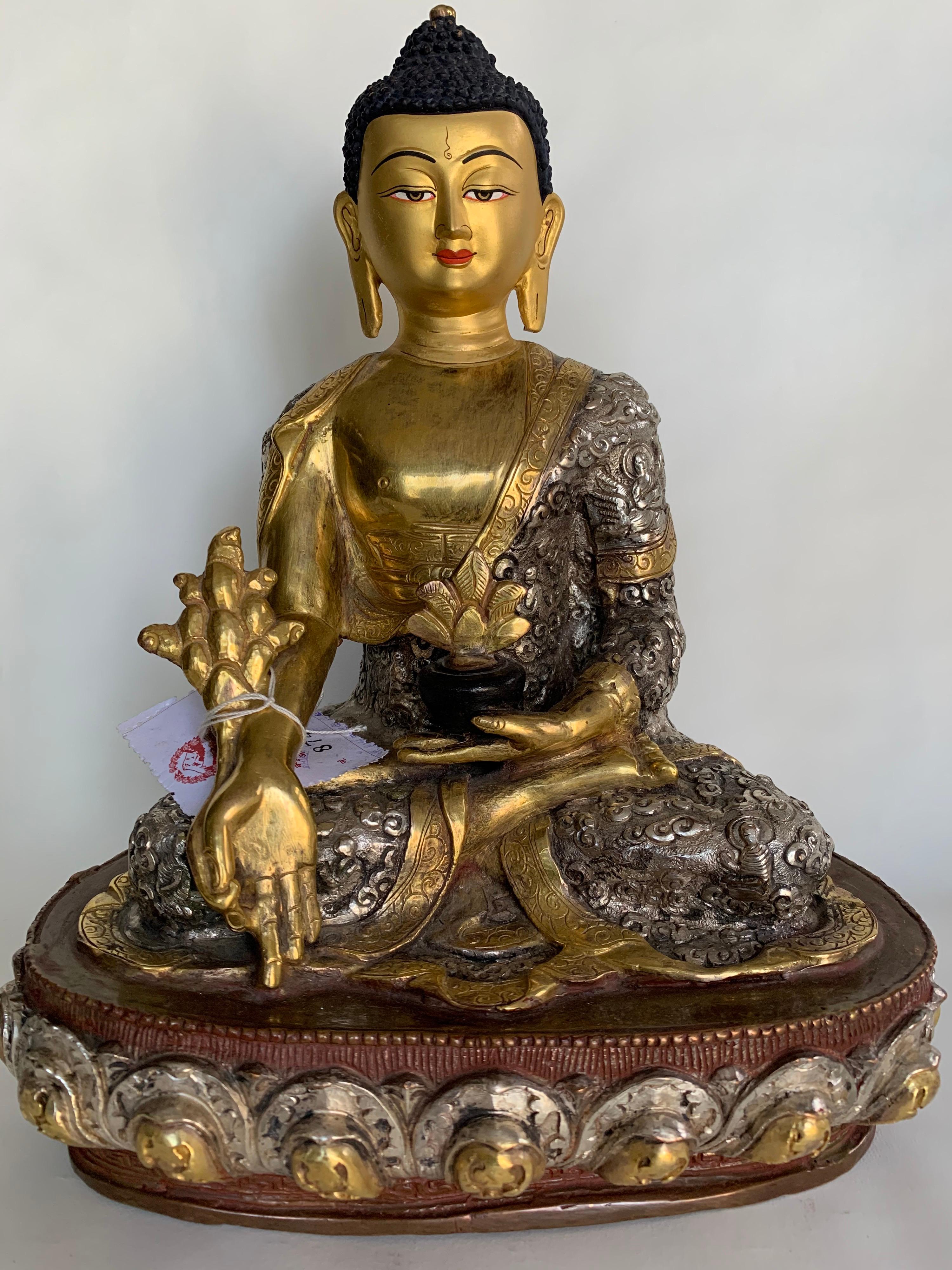 Unknown Figurative Sculpture - Medicine Buddha Statue 9.5 Inch with 24 Gold Handcrafted by Lost Wax Process