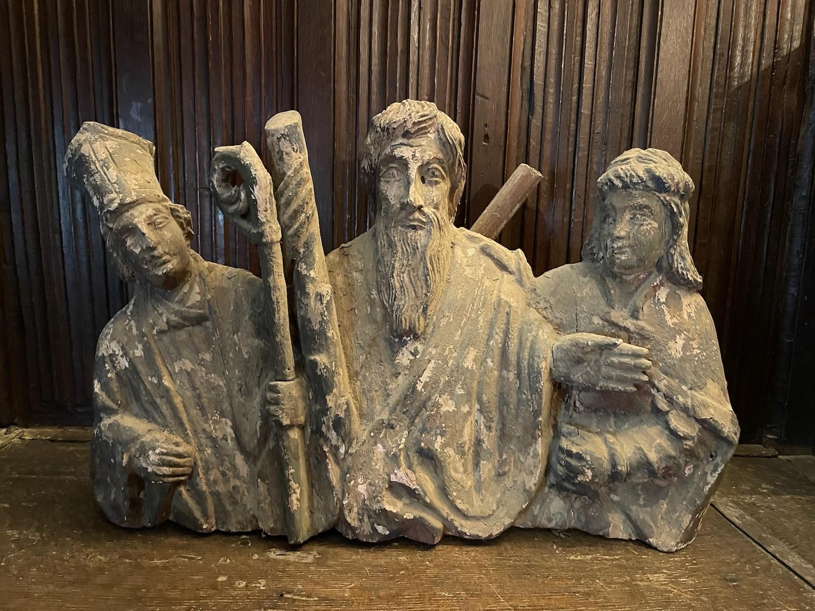 Medieval Style Carved Statue of 3 Religious Figures - Sculpture by Unknown