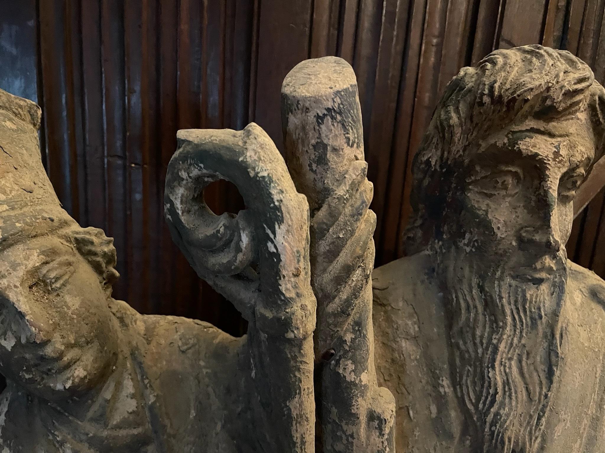 Medieval Style Carved Statue of 3 Religious Figures - Brown Figurative Sculpture by Unknown
