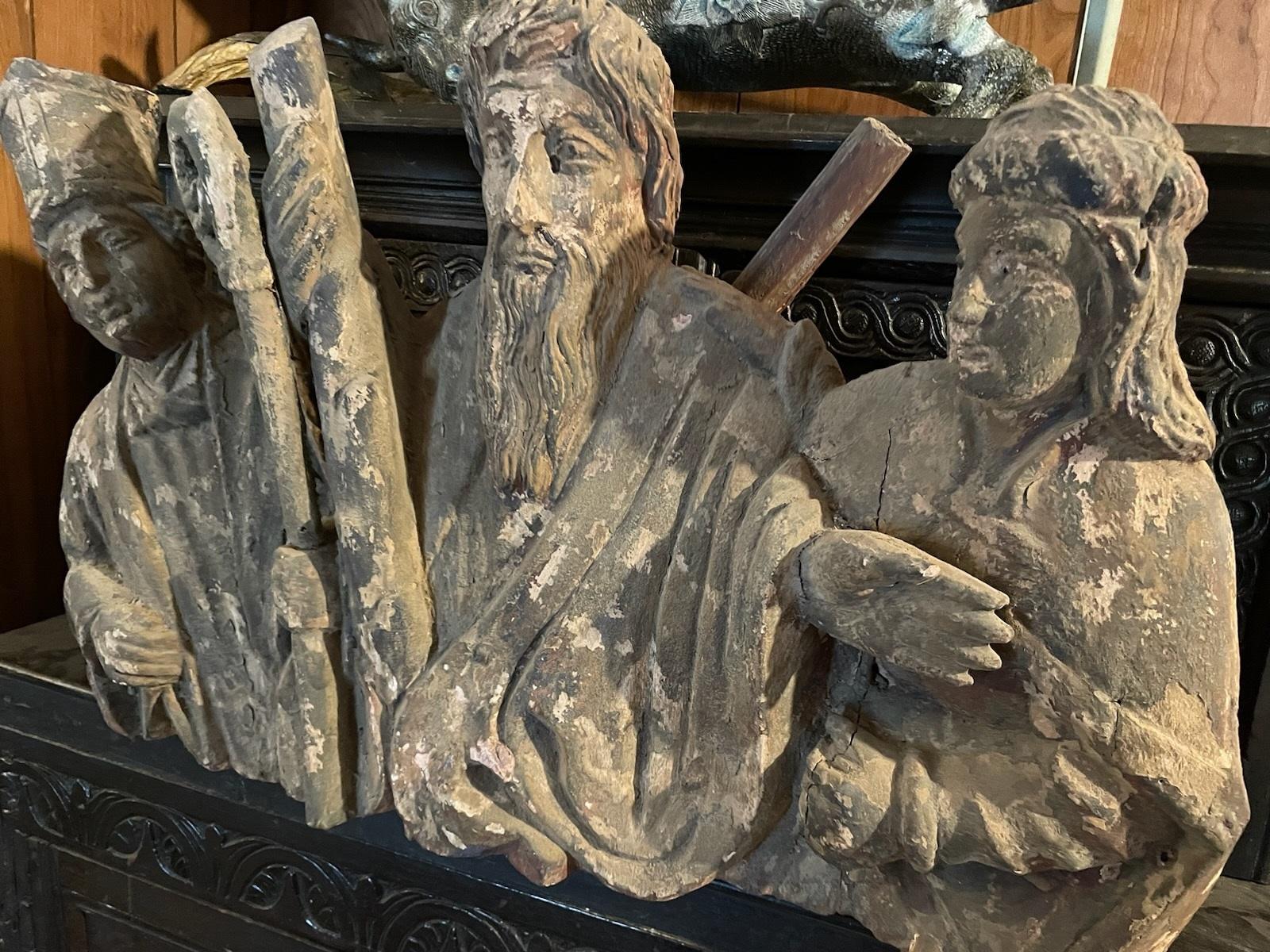 Medieval Style Carved Statue of 3 Religious Figures For Sale 3