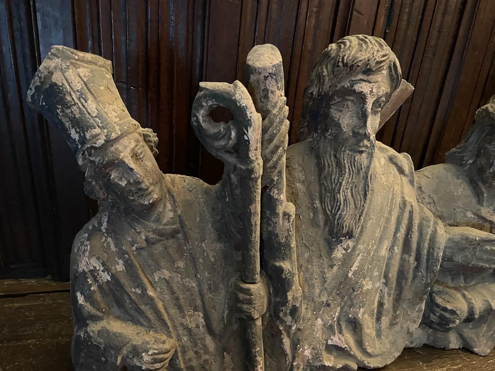 Medieval Style Carved Statue of 3 Religious Figures For Sale 5