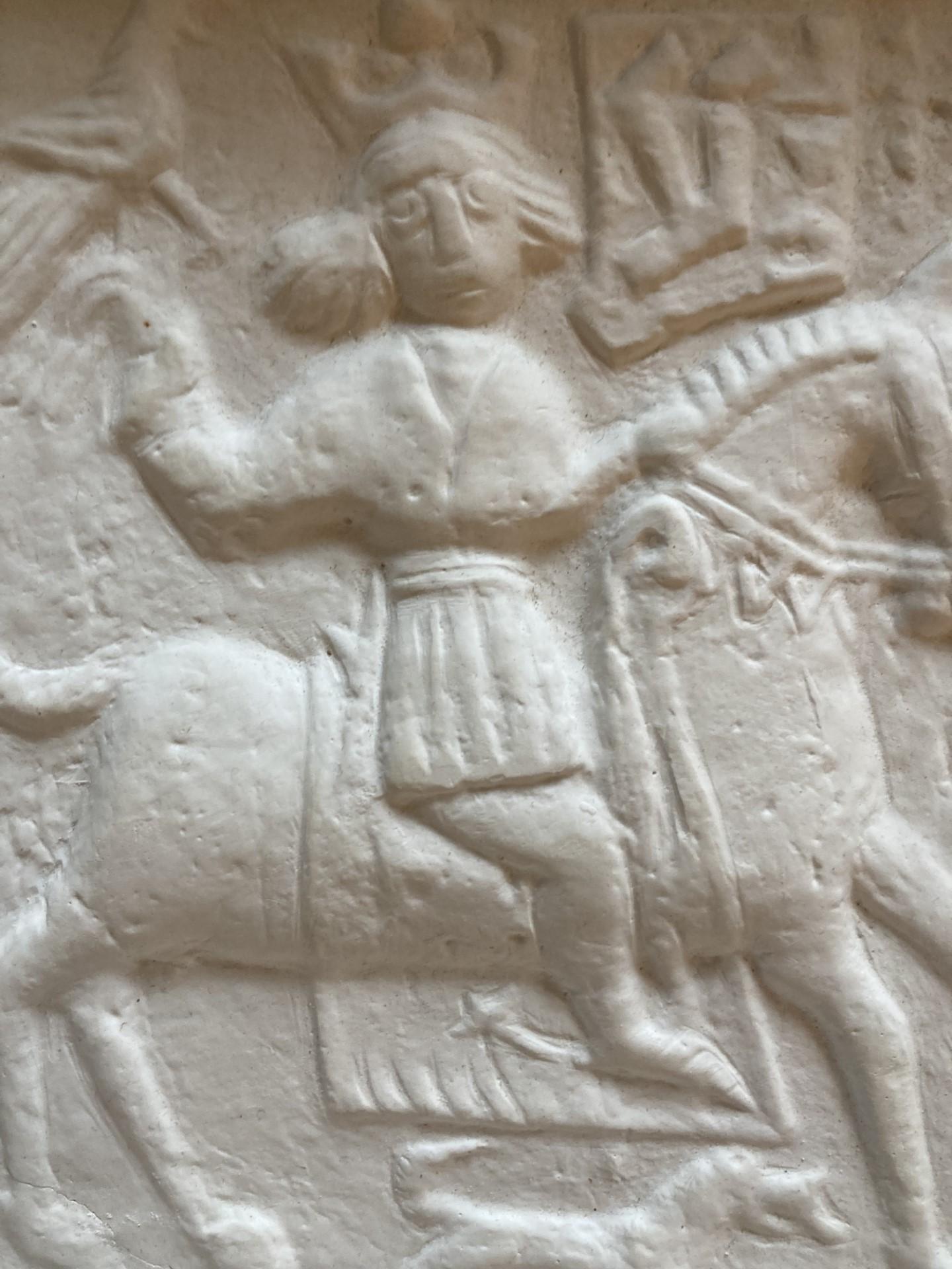 Men on a Horse Medieval Tile Gypsum Cast - Gothic Sculpture by Unknown