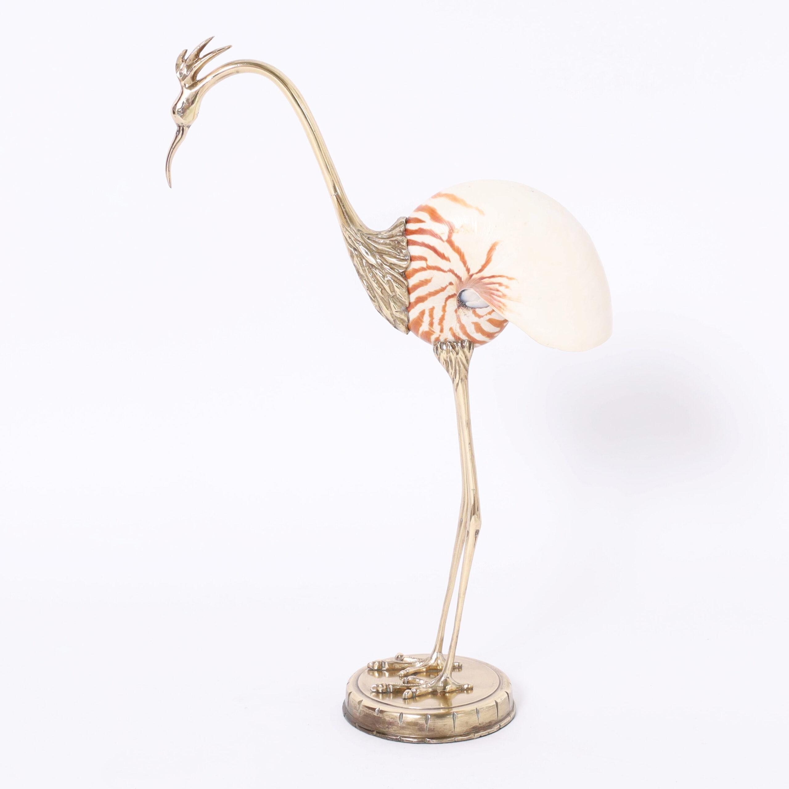 Mid Century Brass and Seashell Bird Sculpture For Sale 1