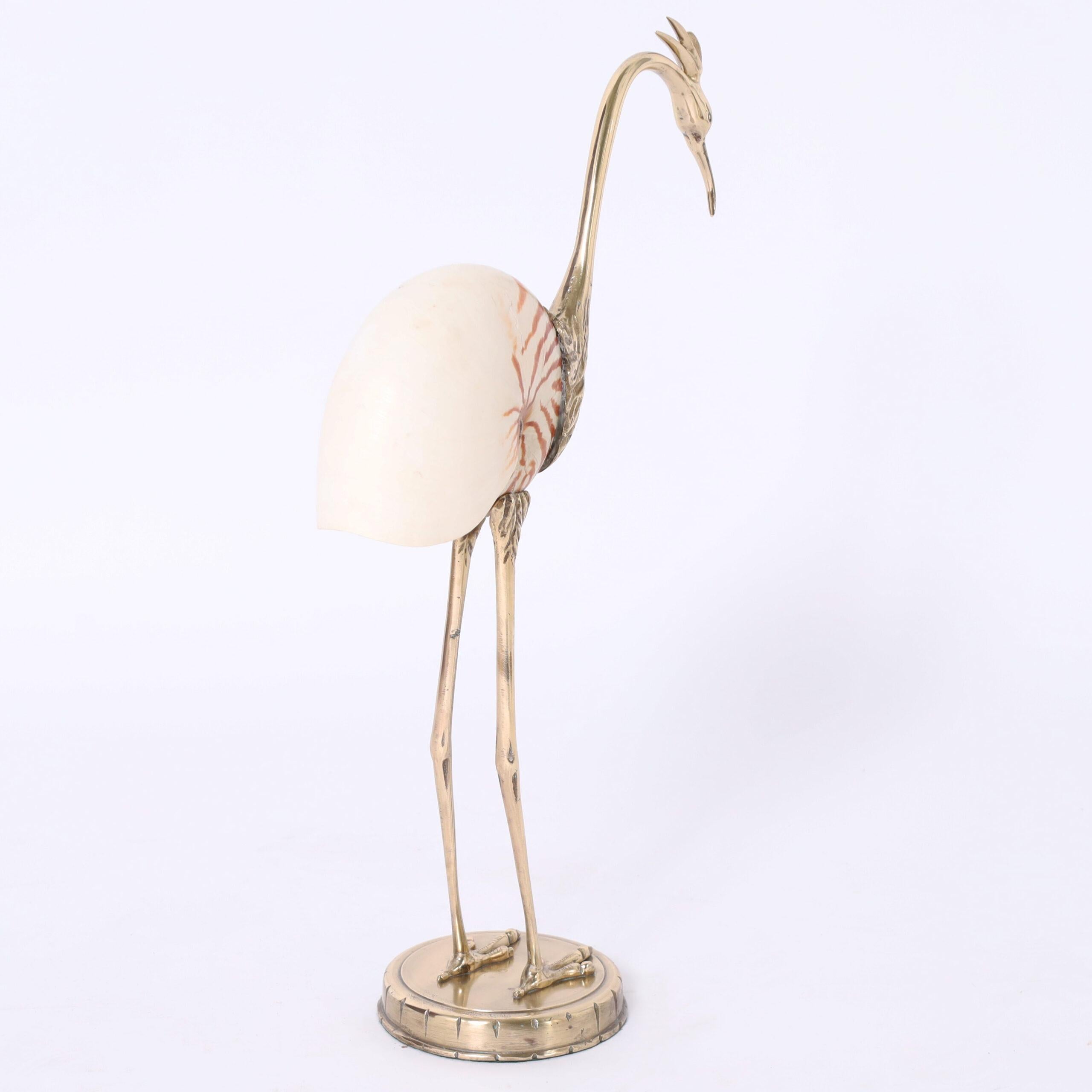 Mid Century Brass and Seashell Bird Sculpture For Sale 3