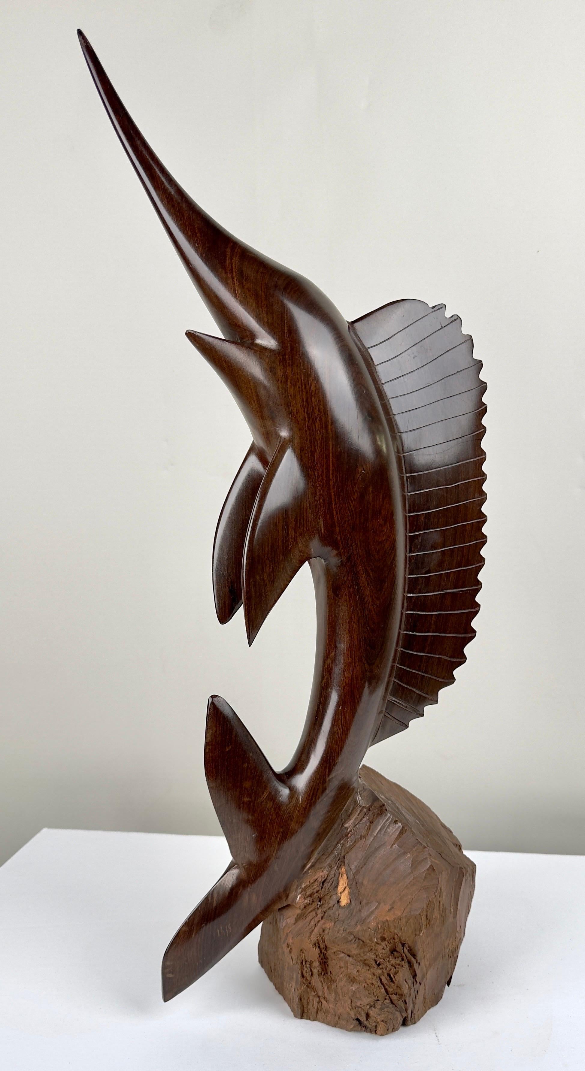 Mid-Century Hand-Carved Iron Wood Swordfish Sculpture  - Brown Figurative Sculpture by Unknown