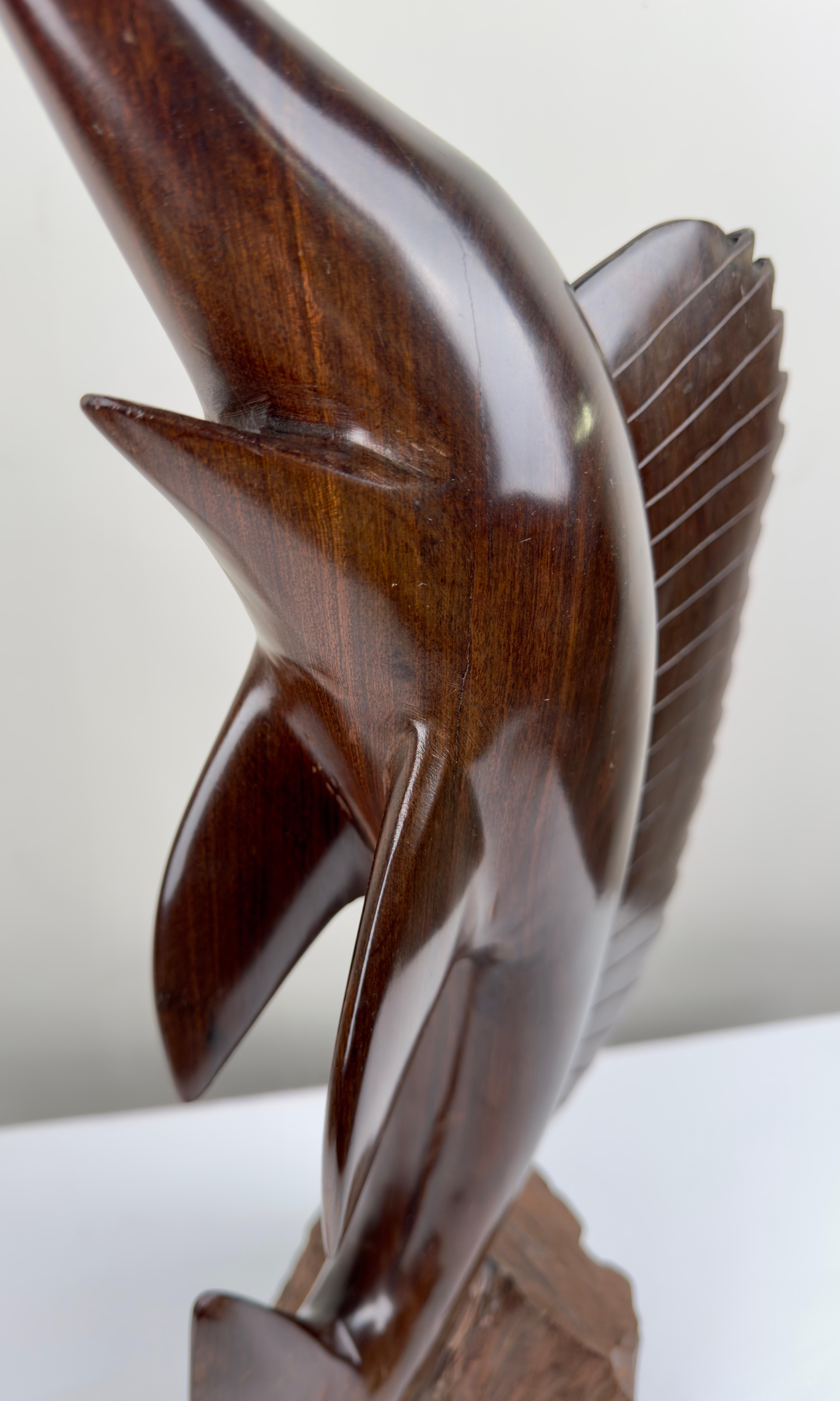 Mid-Century Hand-Carved Iron Wood Swordfish Sculpture  For Sale 2
